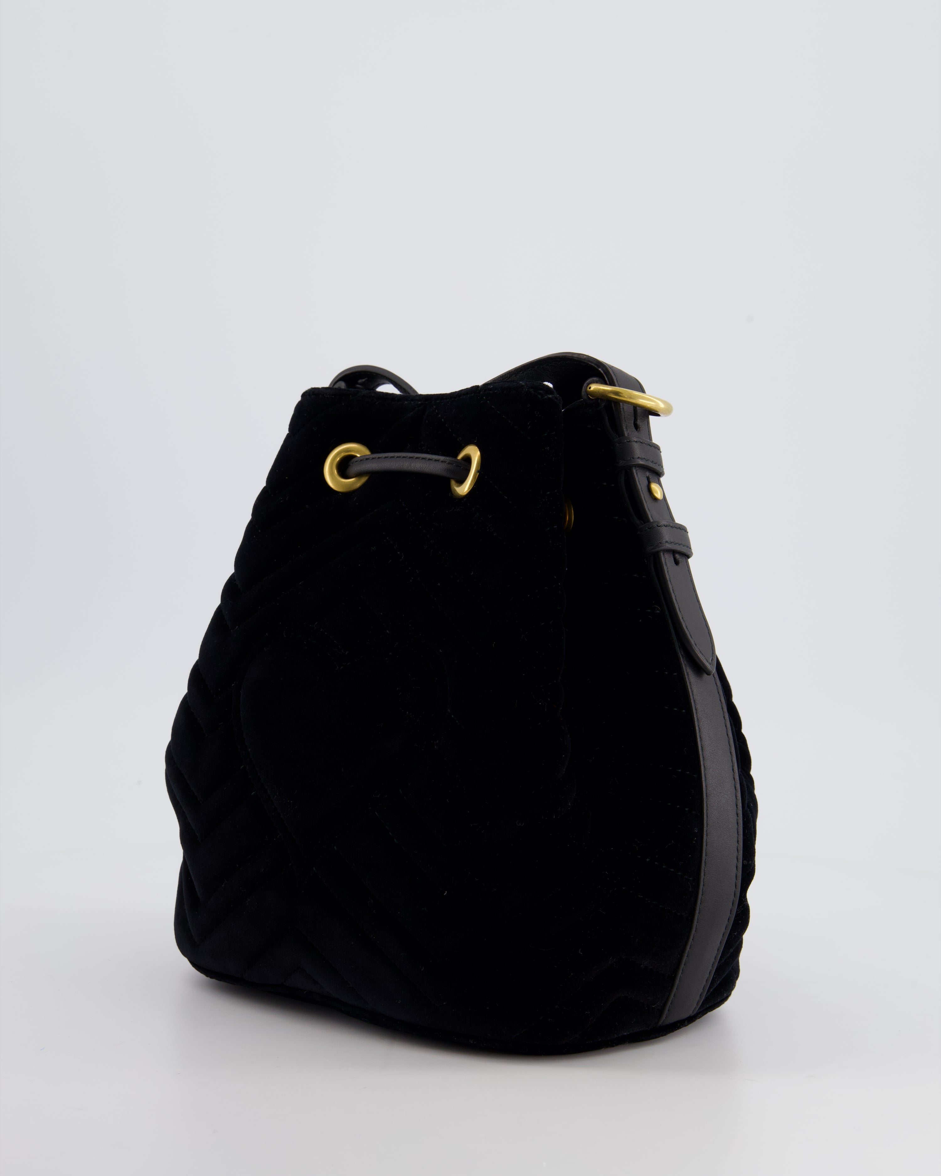 Gucci Black Velvet GG Marmont Bucket Bag with Gold Hardware