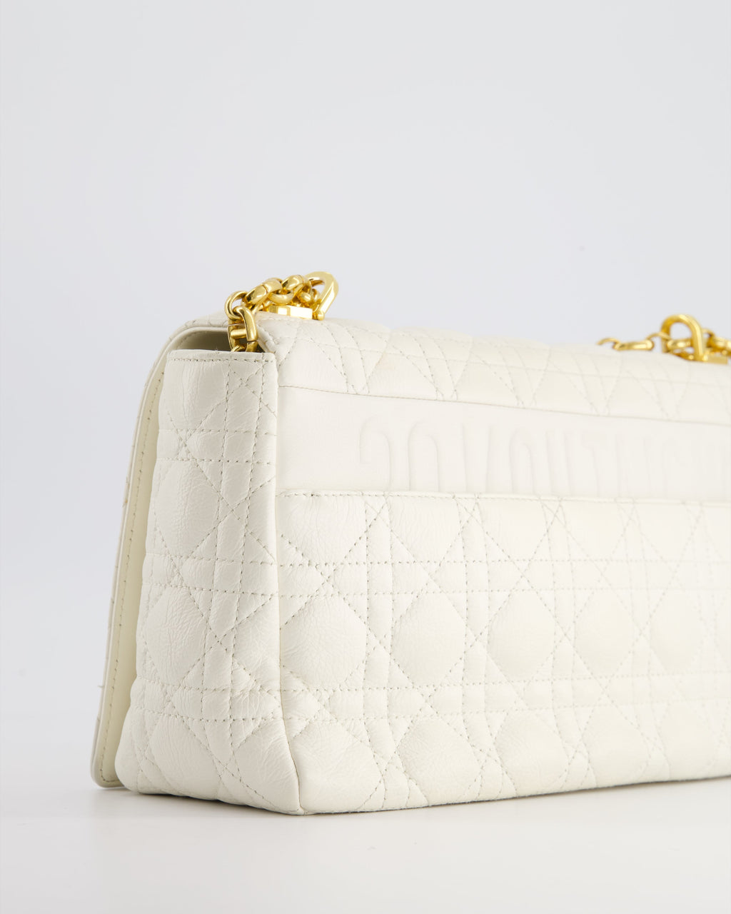 Christian Dior Ivory Large Caro Supple Cannage Calfskin Leather Flap Bag With Gold Hardware