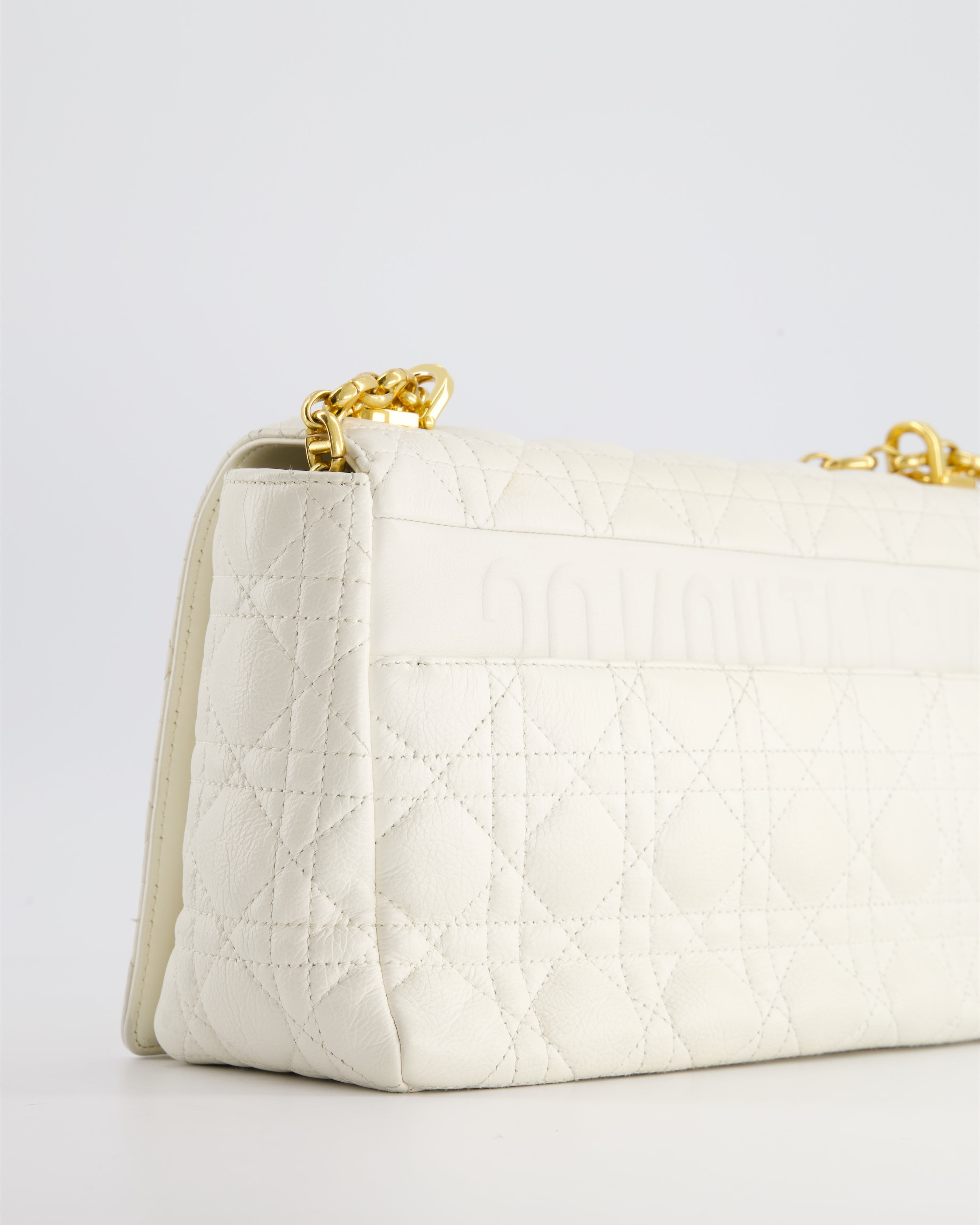 Christian Dior Ivory Large Caro Supple Cannage Calfskin Leather Flap Bag With Gold Hardware