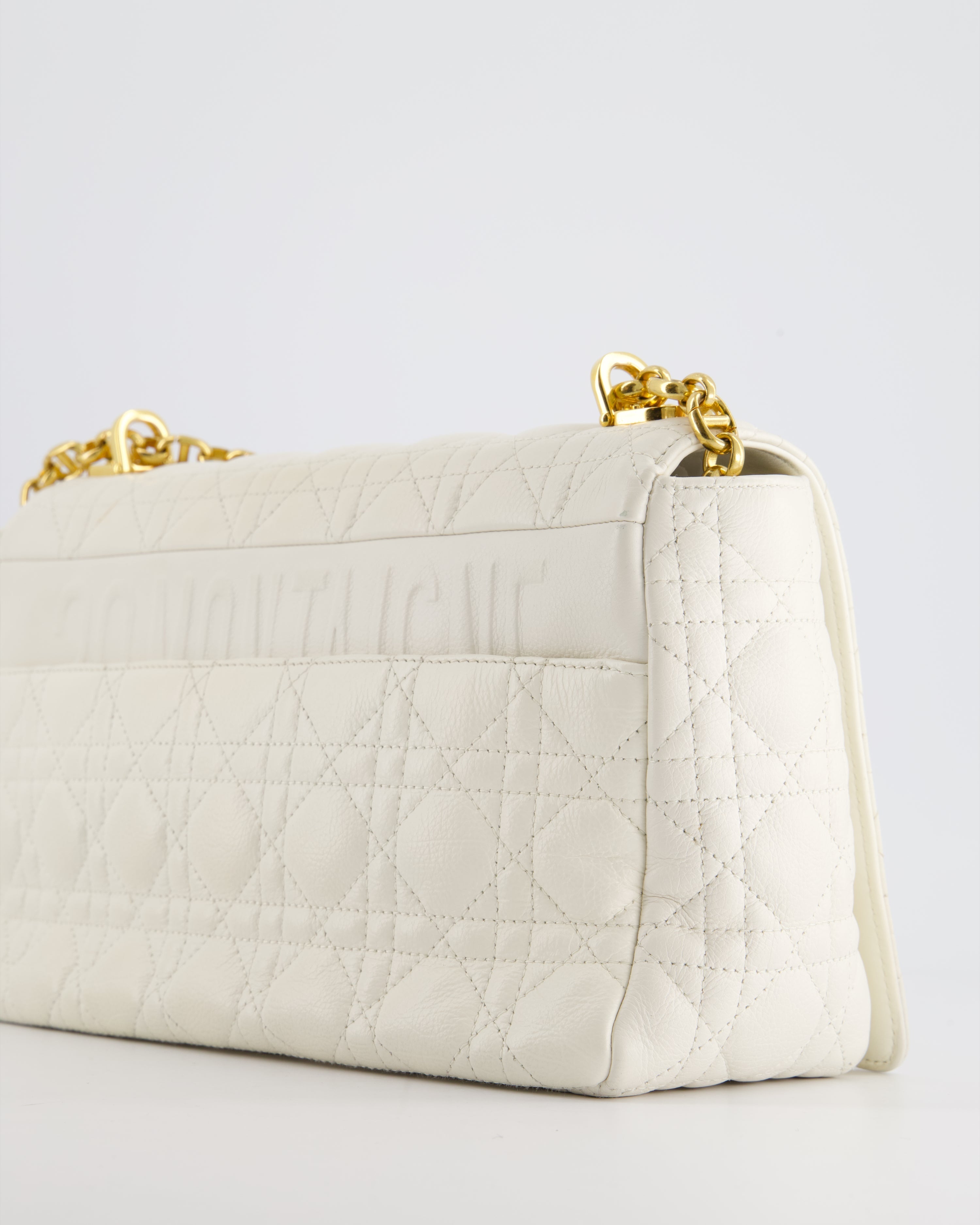 Christian Dior Ivory Large Caro Supple Cannage Calfskin Leather Flap Bag With Gold Hardware