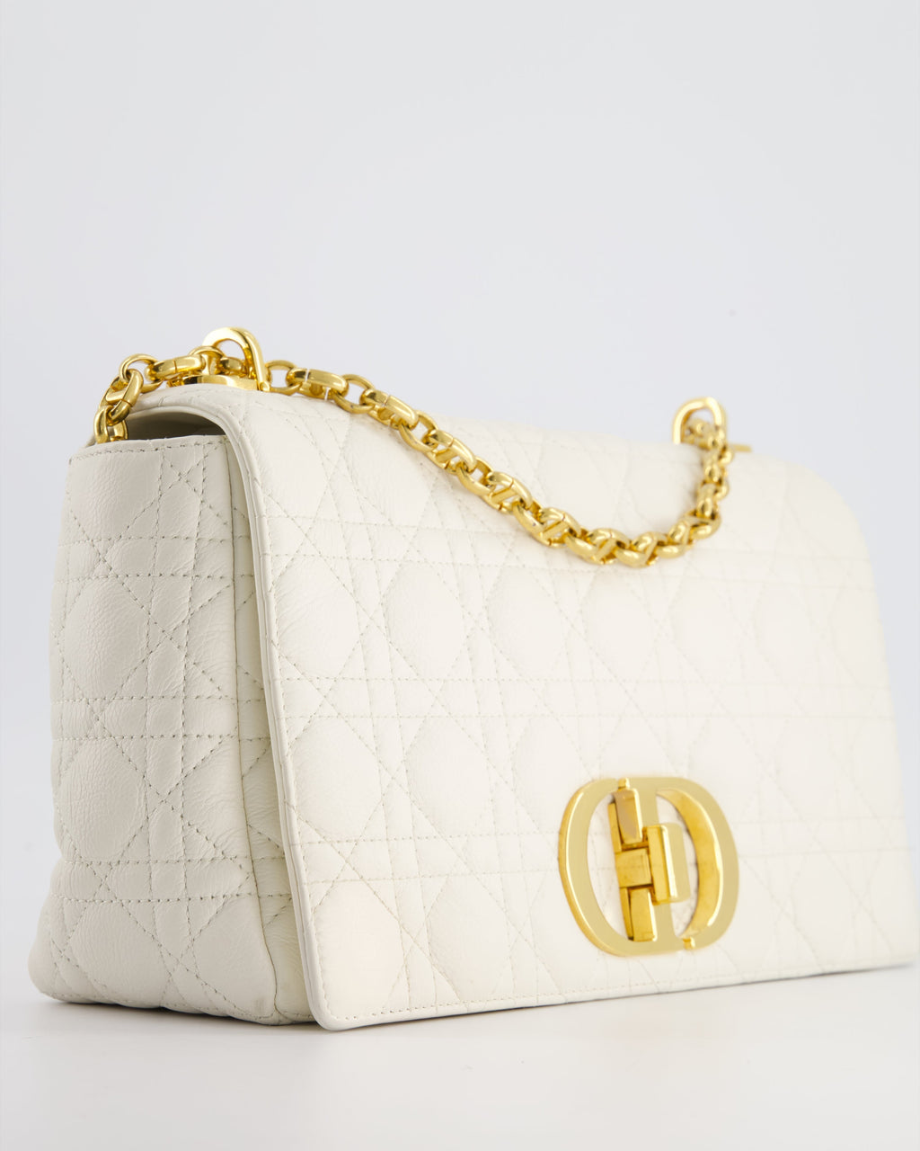 Christian Dior Ivory Large Caro Supple Cannage Calfskin Leather Flap Bag With Gold Hardware
