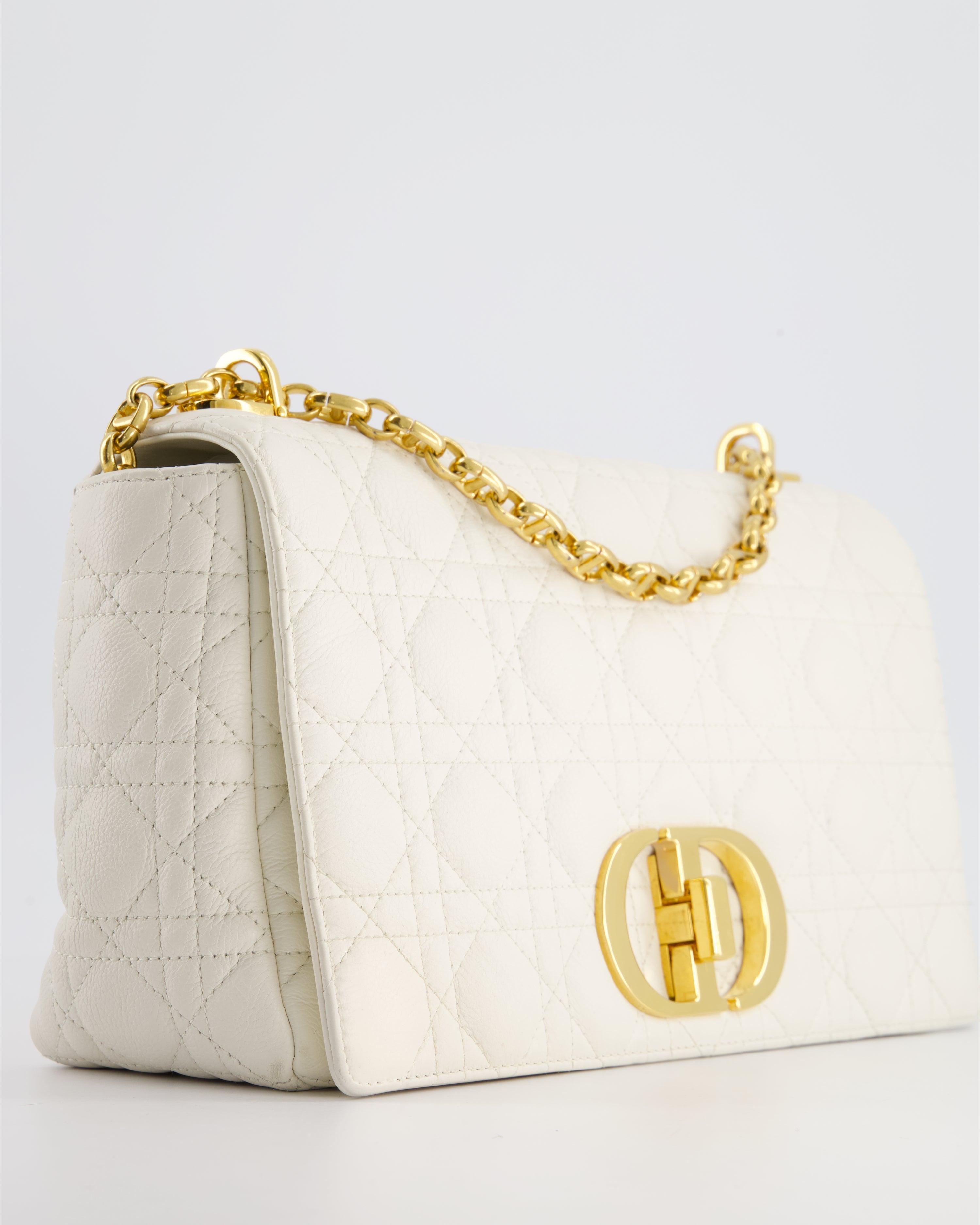 Christian Dior Ivory Large Caro Supple Cannage Calfskin Leather Flap Bag With Gold Hardware