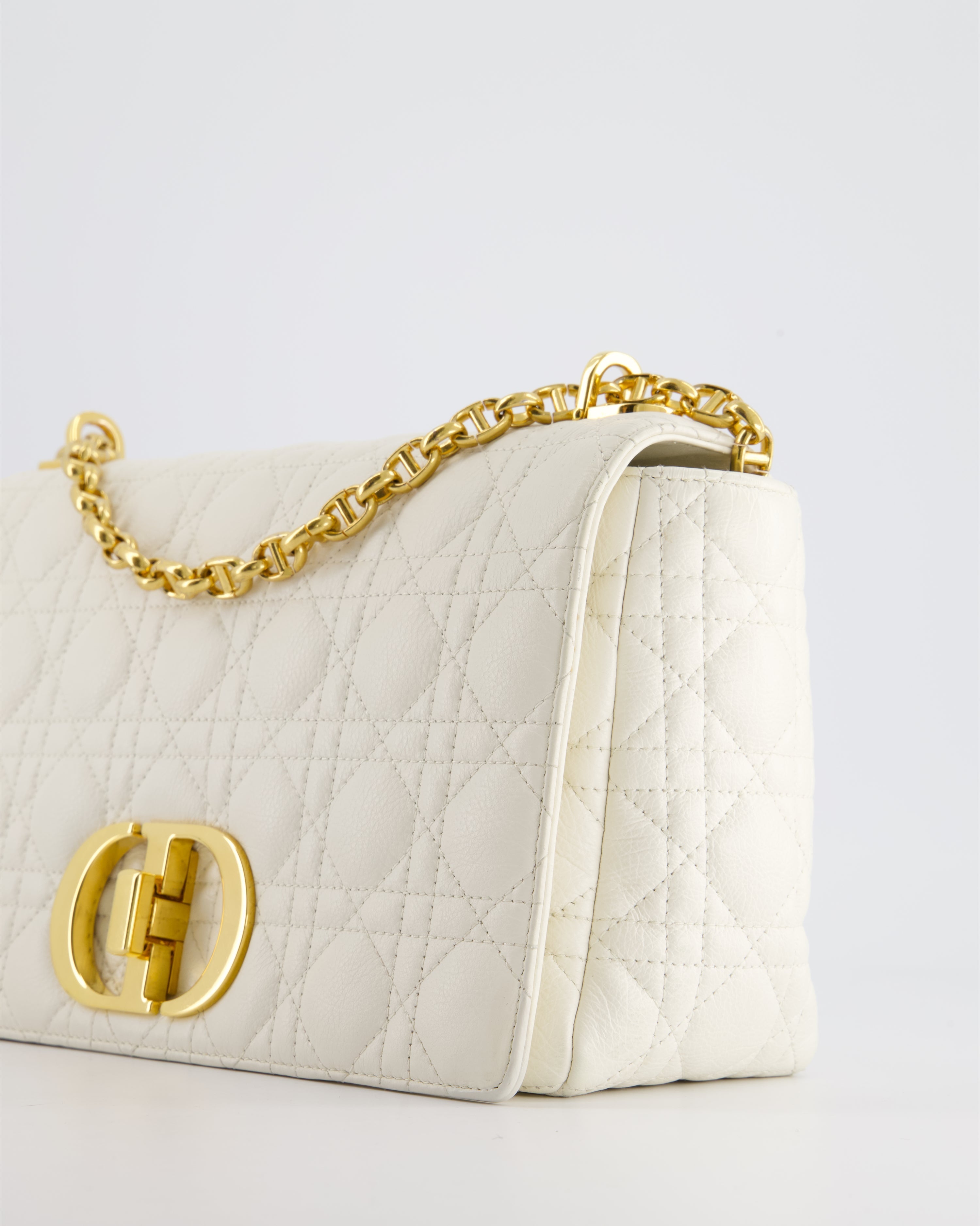 Christian Dior Ivory Large Caro Supple Cannage Calfskin Leather Flap Bag With Gold Hardware