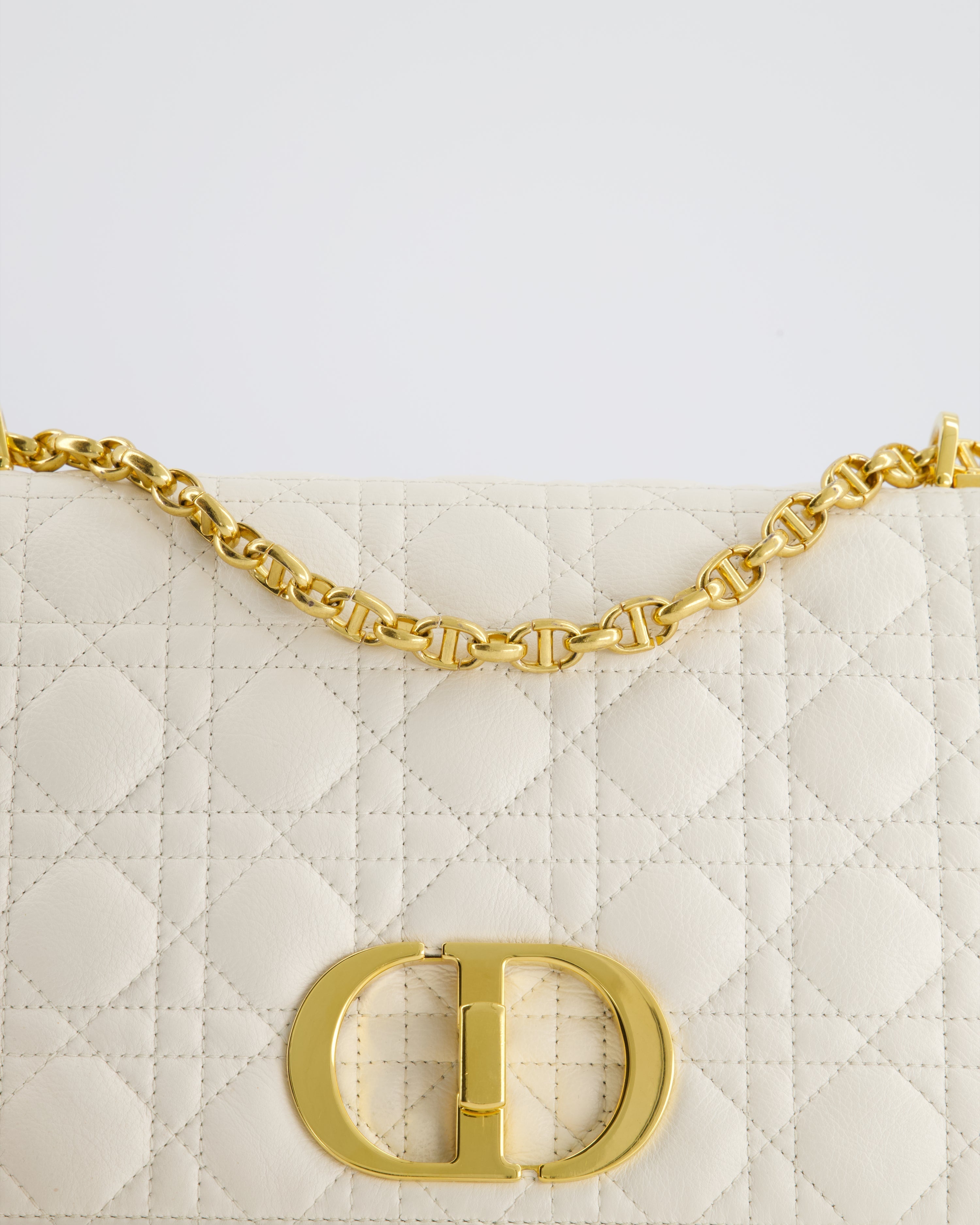 Christian Dior Ivory Large Caro Supple Cannage Calfskin Leather Flap Bag With Gold Hardware