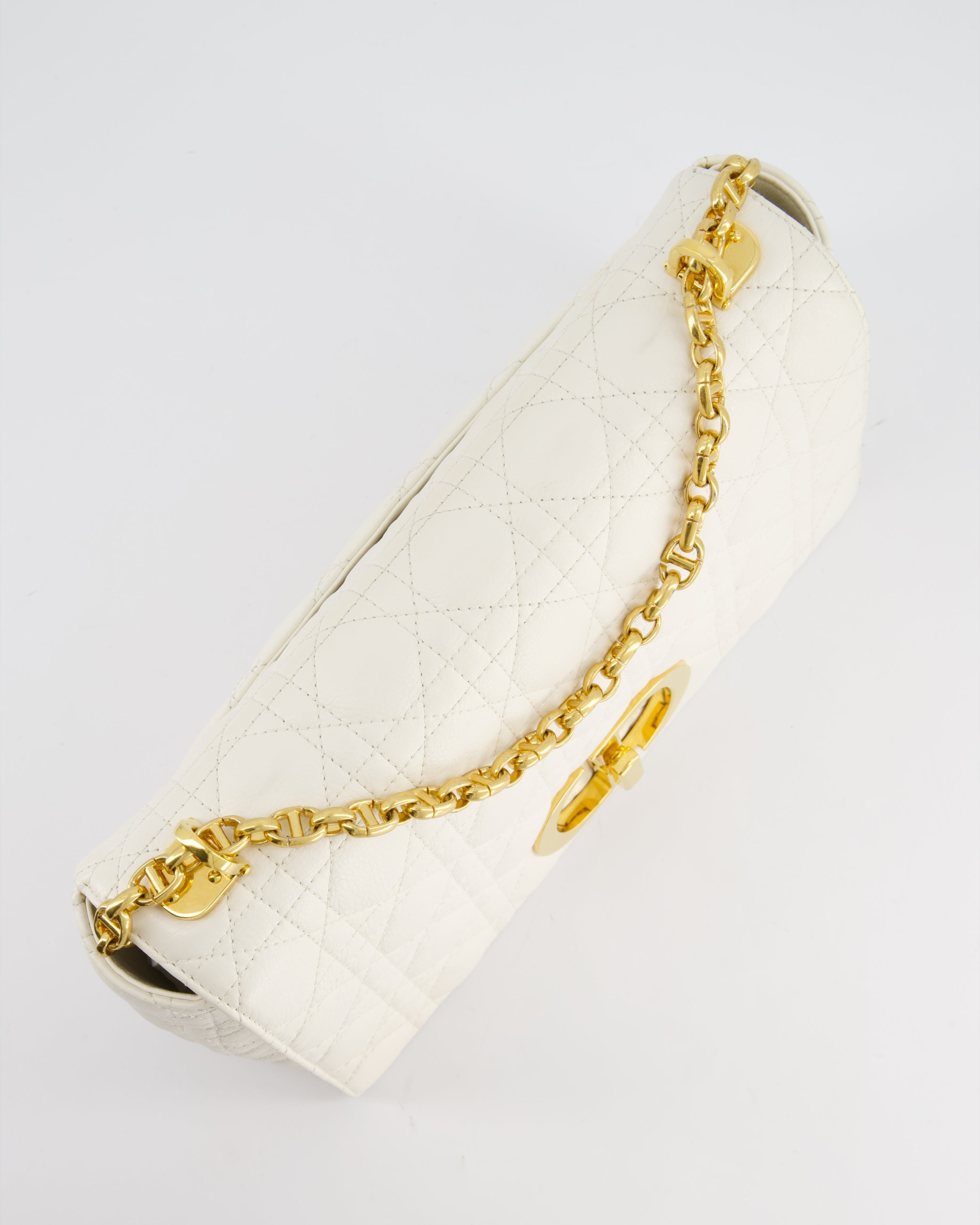 Christian Dior Ivory Large Caro Supple Cannage Calfskin Leather Flap Bag With Gold Hardware