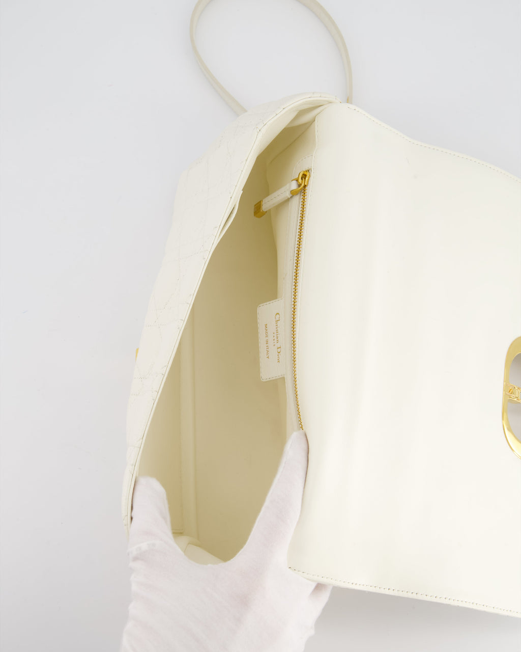 Christian Dior Ivory Large Caro Supple Cannage Calfskin Leather Flap Bag With Gold Hardware