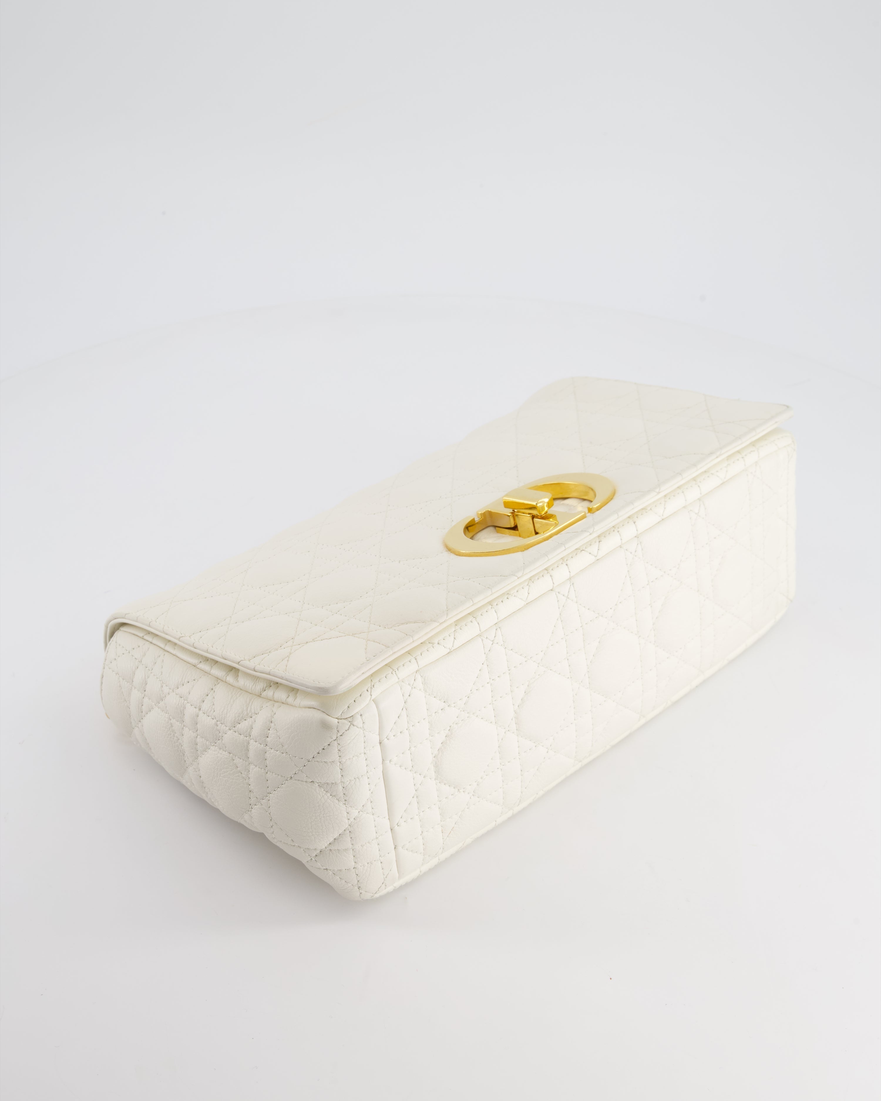 Christian Dior Ivory Large Caro Supple Cannage Calfskin Leather Flap Bag With Gold Hardware