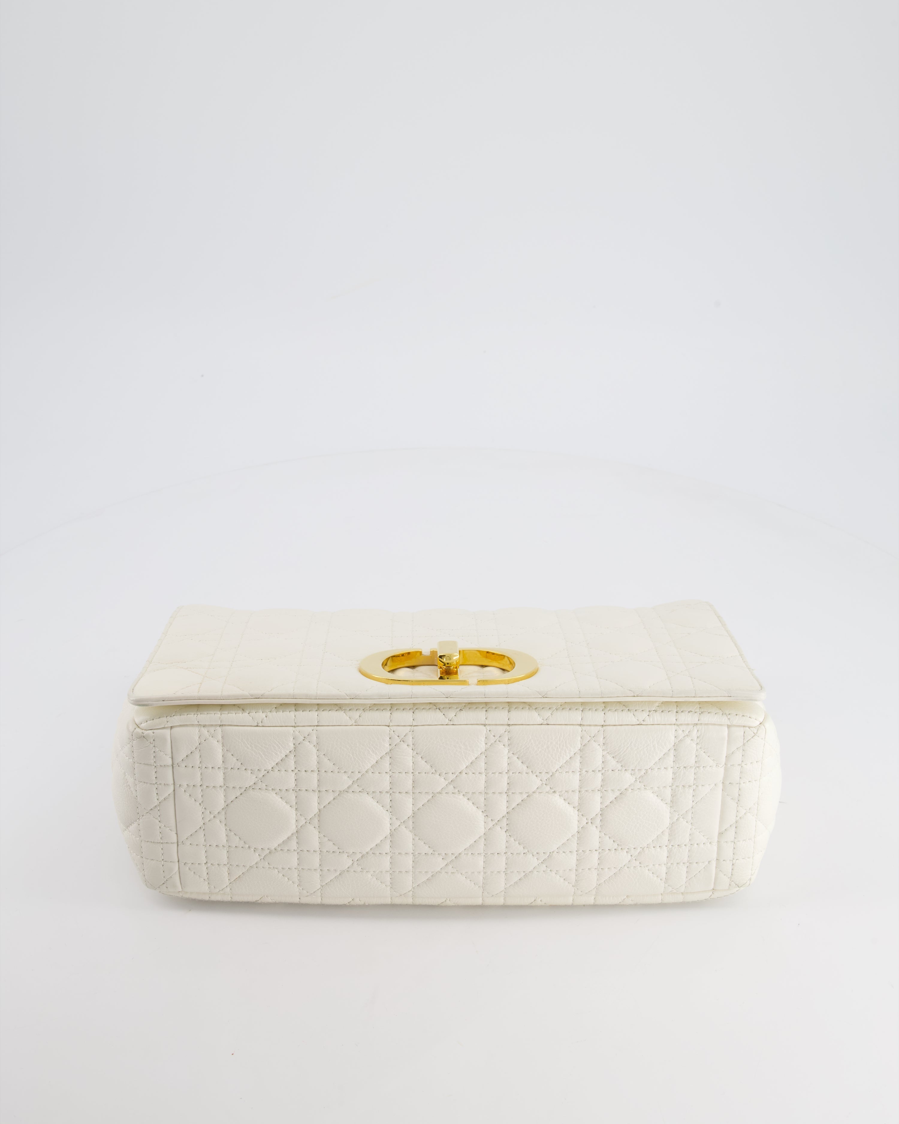 Christian Dior Ivory Large Caro Supple Cannage Calfskin Leather Flap Bag With Gold Hardware