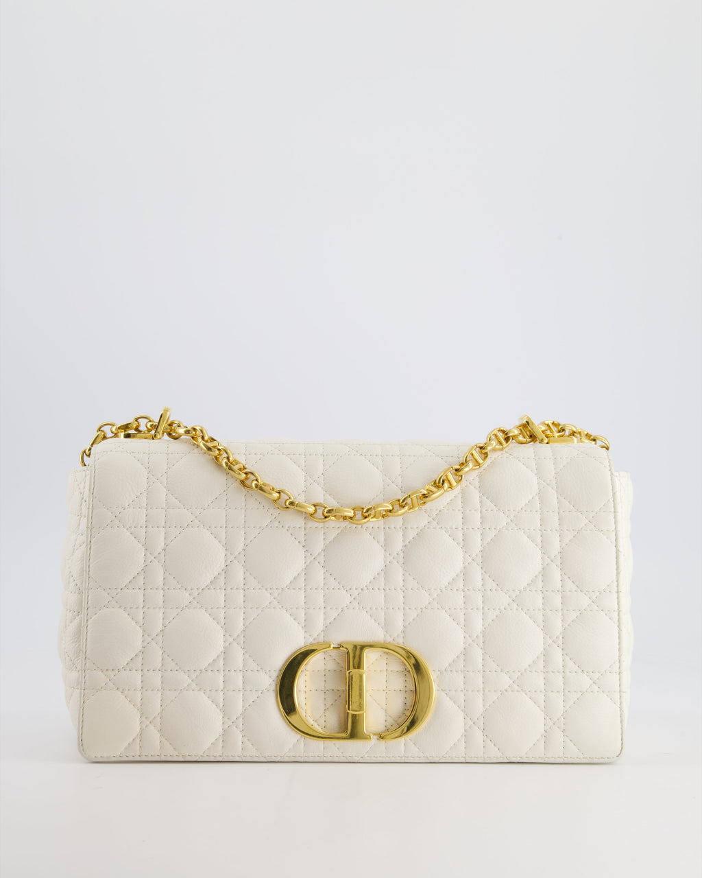 Christian Dior Ivory Large Caro Supple Cannage Calfskin Leather Flap Bag With Gold Hardware