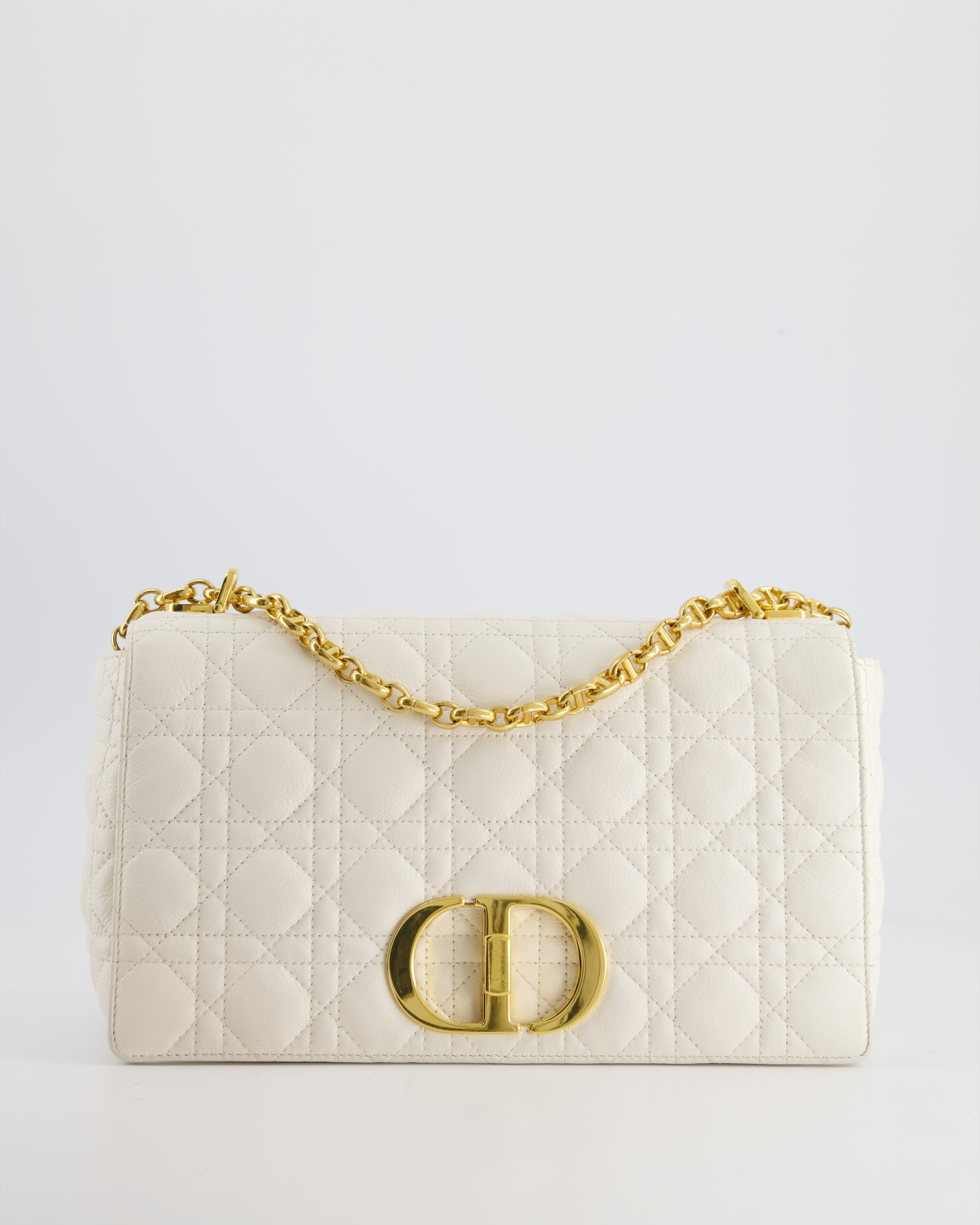 Christian Dior Ivory Large Caro Supple Cannage Calfskin Leather Flap Bag With Gold Hardware