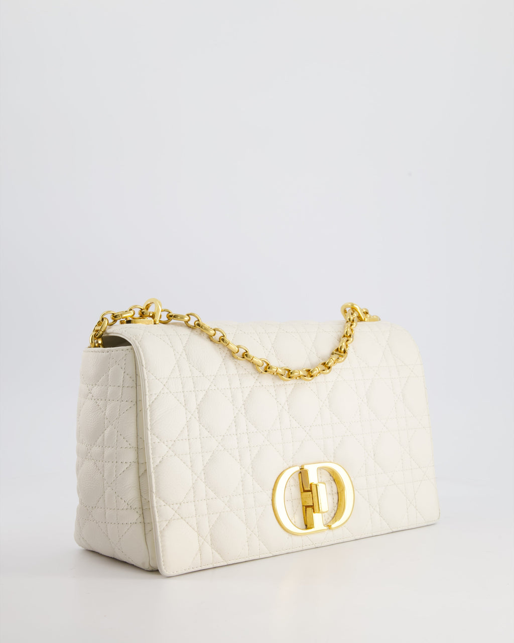 Christian Dior Ivory Large Caro Supple Cannage Calfskin Leather Flap Bag With Gold Hardware