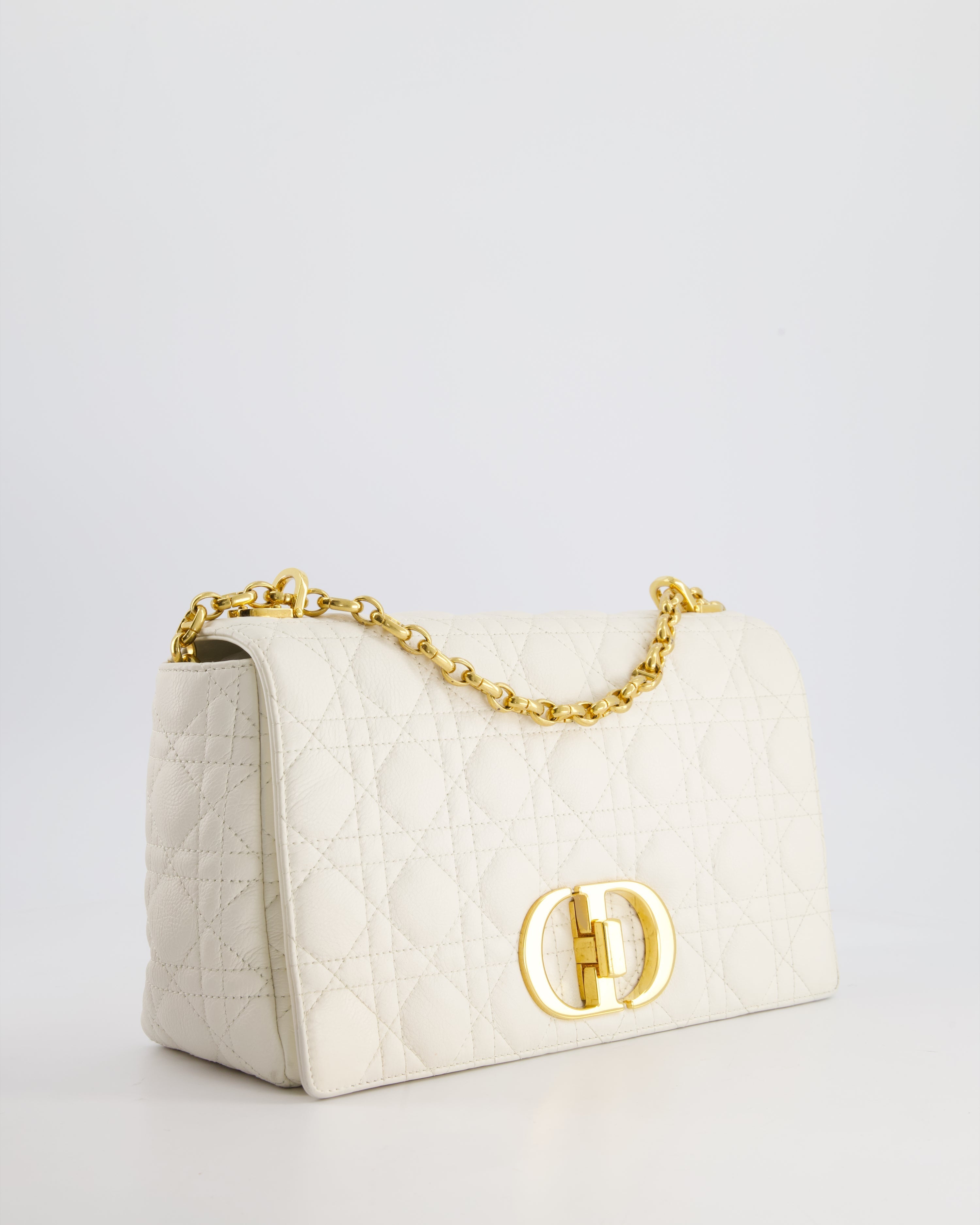 Christian Dior Ivory Large Caro Supple Cannage Calfskin Leather Flap Bag With Gold Hardware