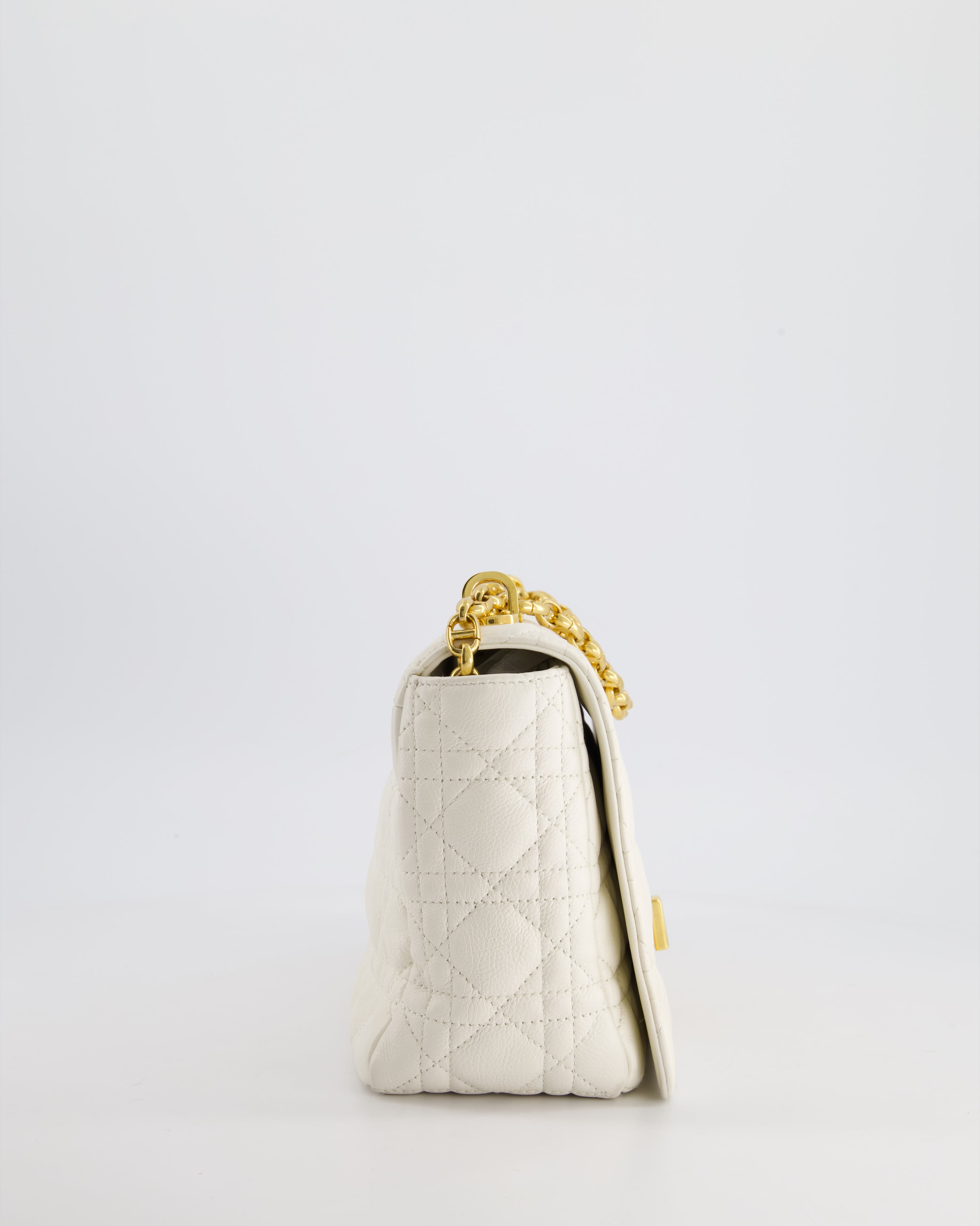 Christian Dior Ivory Large Caro Supple Cannage Calfskin Leather Flap Bag With Gold Hardware