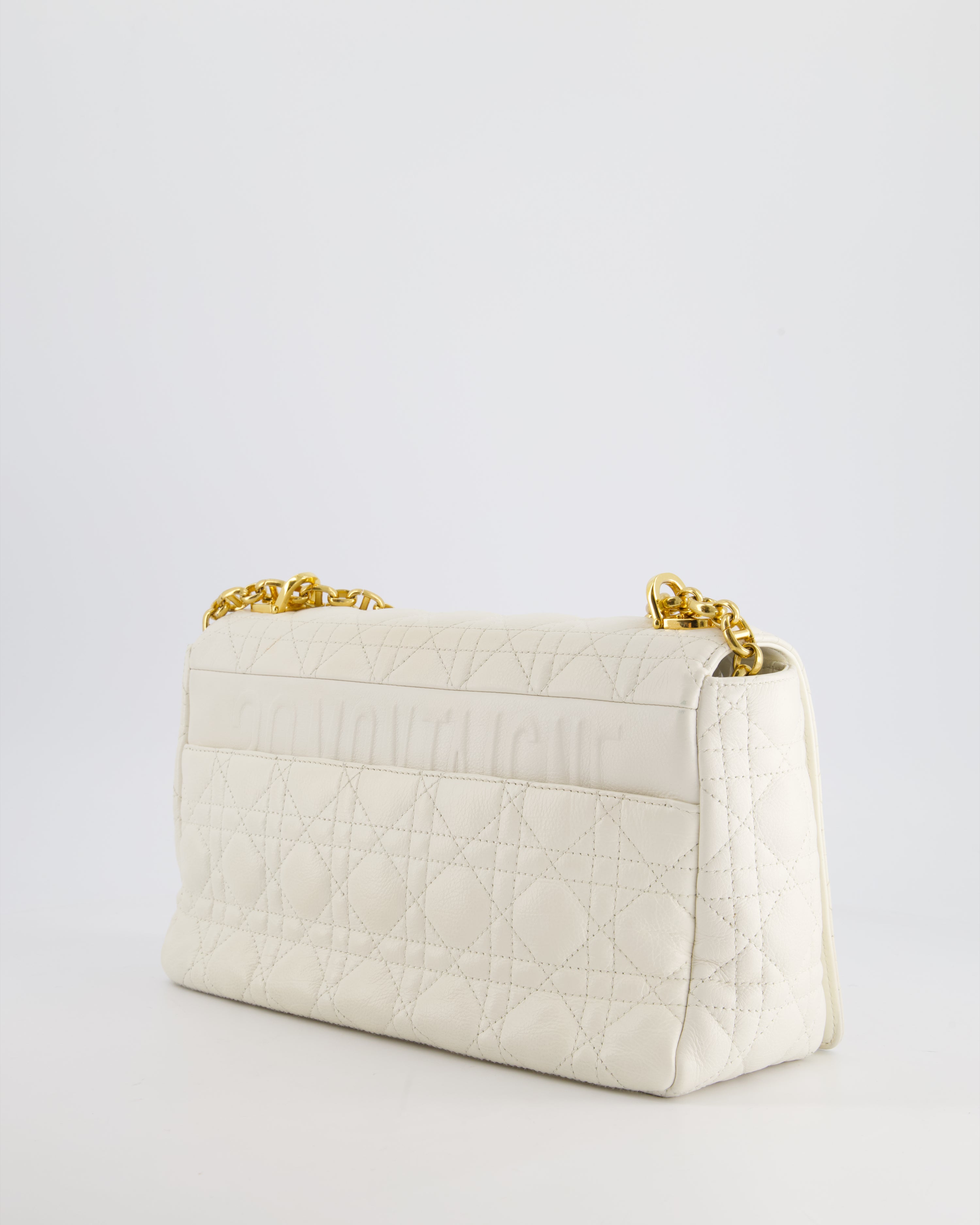 Christian Dior Ivory Large Caro Supple Cannage Calfskin Leather Flap Bag With Gold Hardware