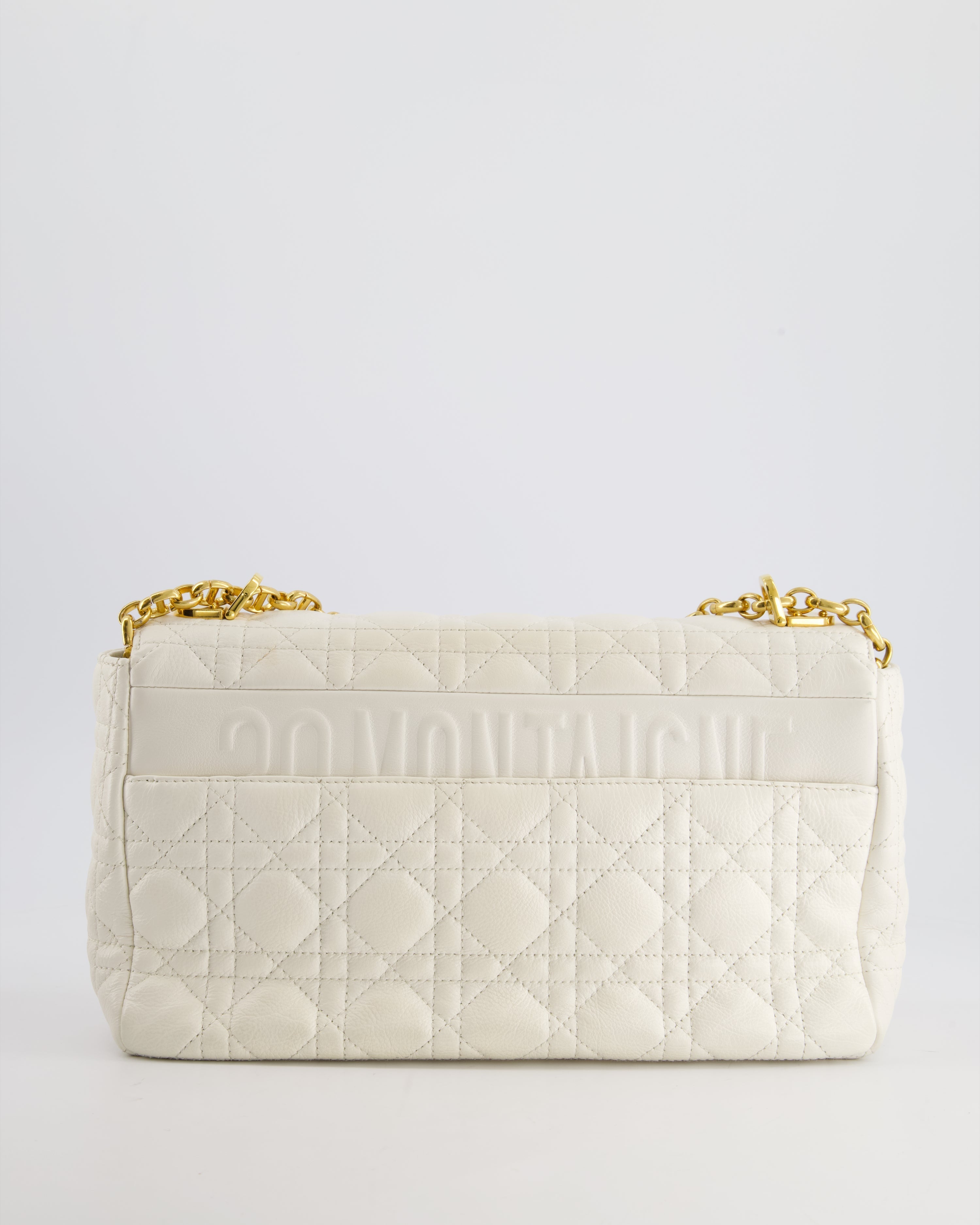 Christian Dior Ivory Large Caro Supple Cannage Calfskin Leather Flap Bag With Gold Hardware