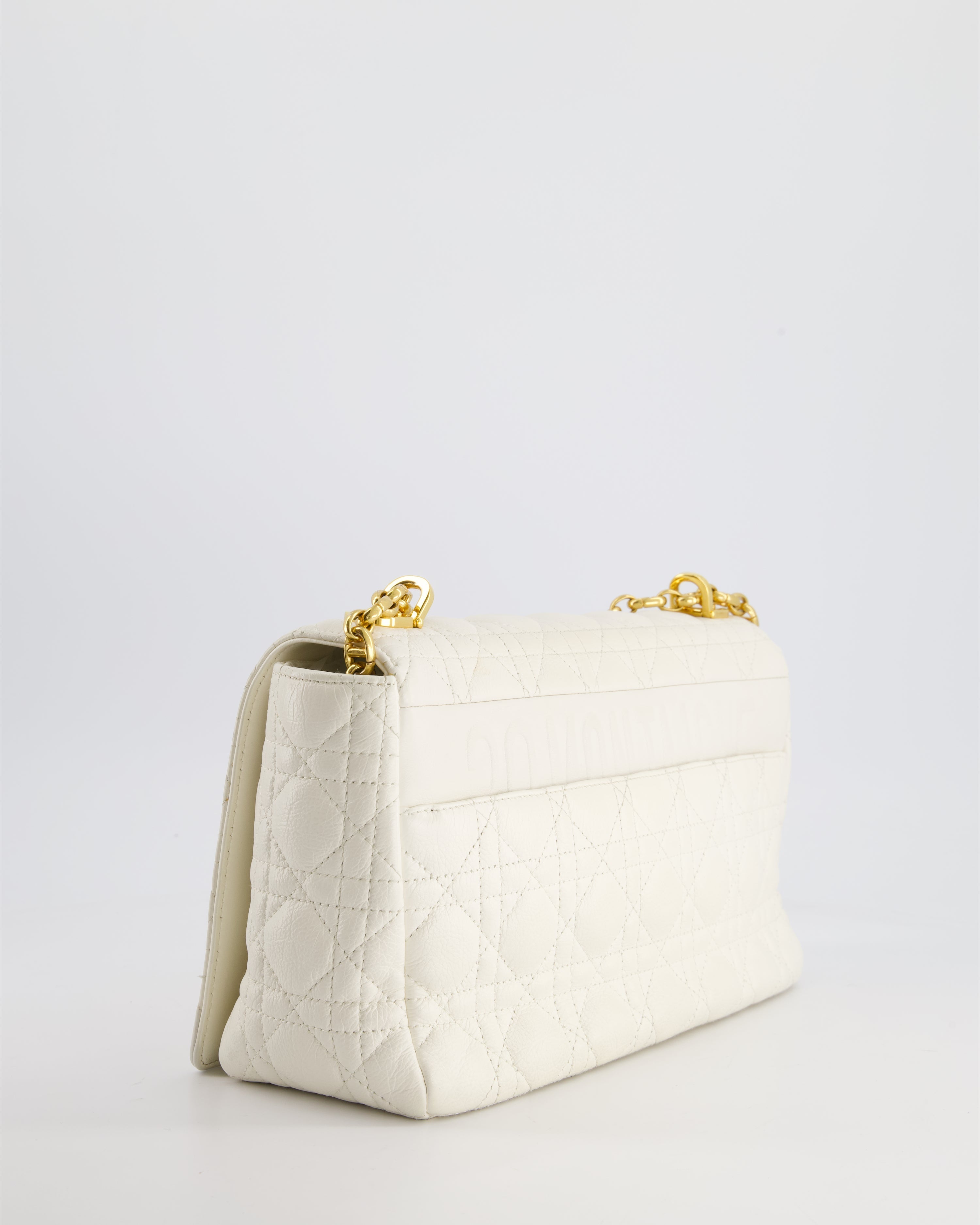 Christian Dior Ivory Large Caro Supple Cannage Calfskin Leather Flap Bag With Gold Hardware