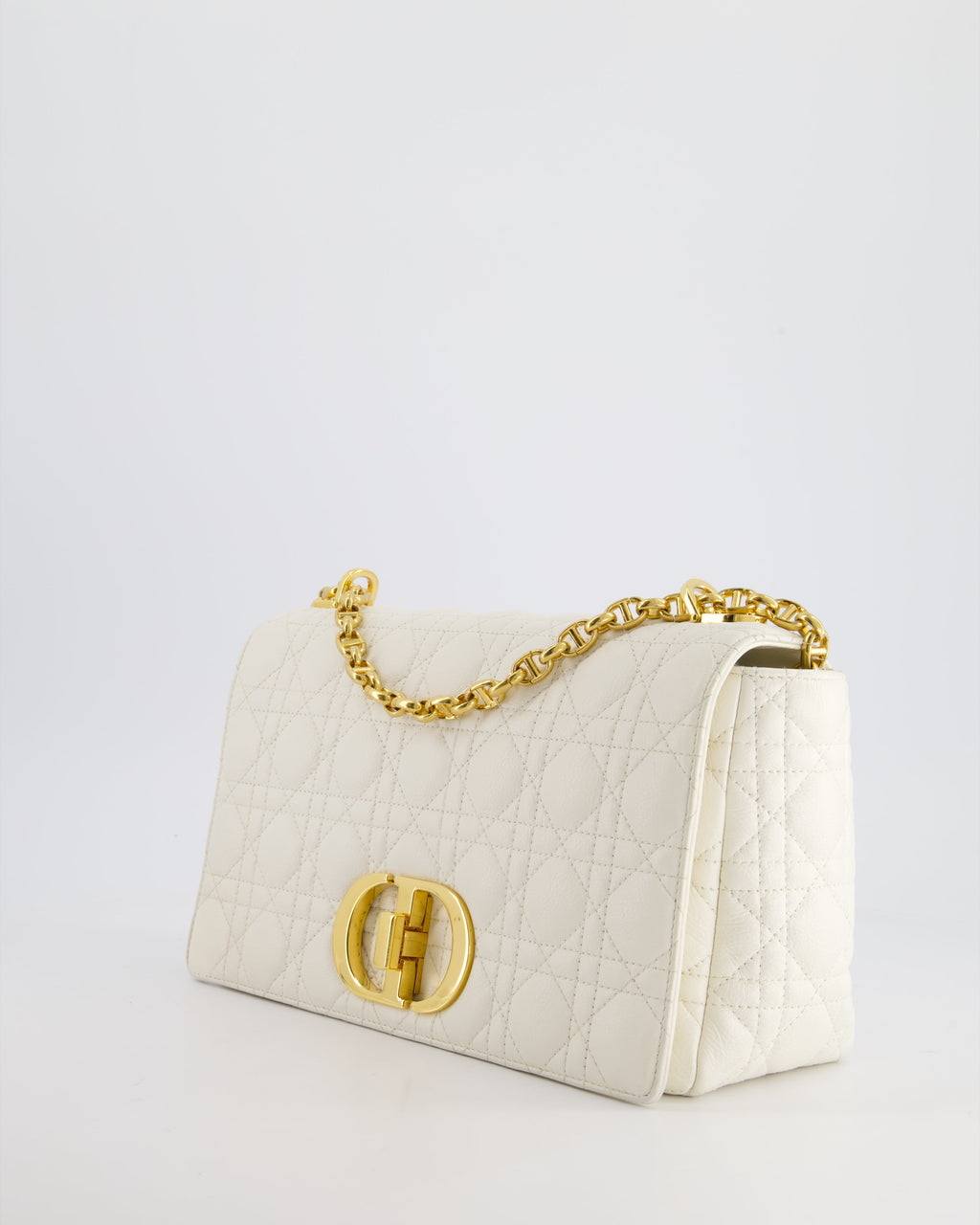 Christian Dior Ivory Large Caro Supple Cannage Calfskin Leather Flap Bag With Gold Hardware