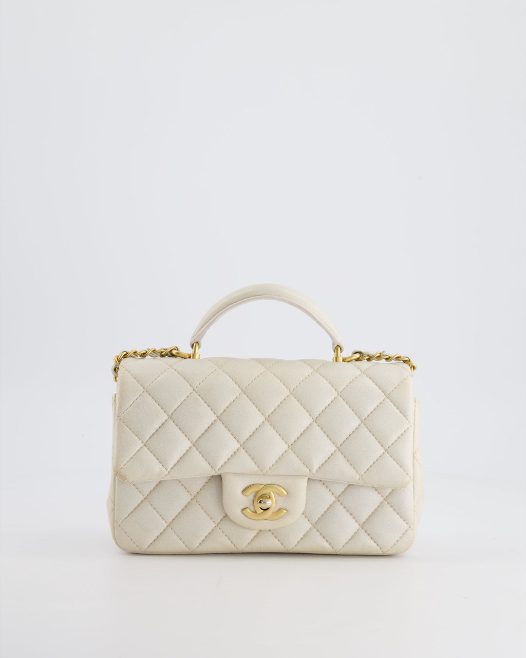 Chanel Off-White Mini Rectangular Top Handle Flap Bag in Lambskin Leather with Brushed Gold Hardware