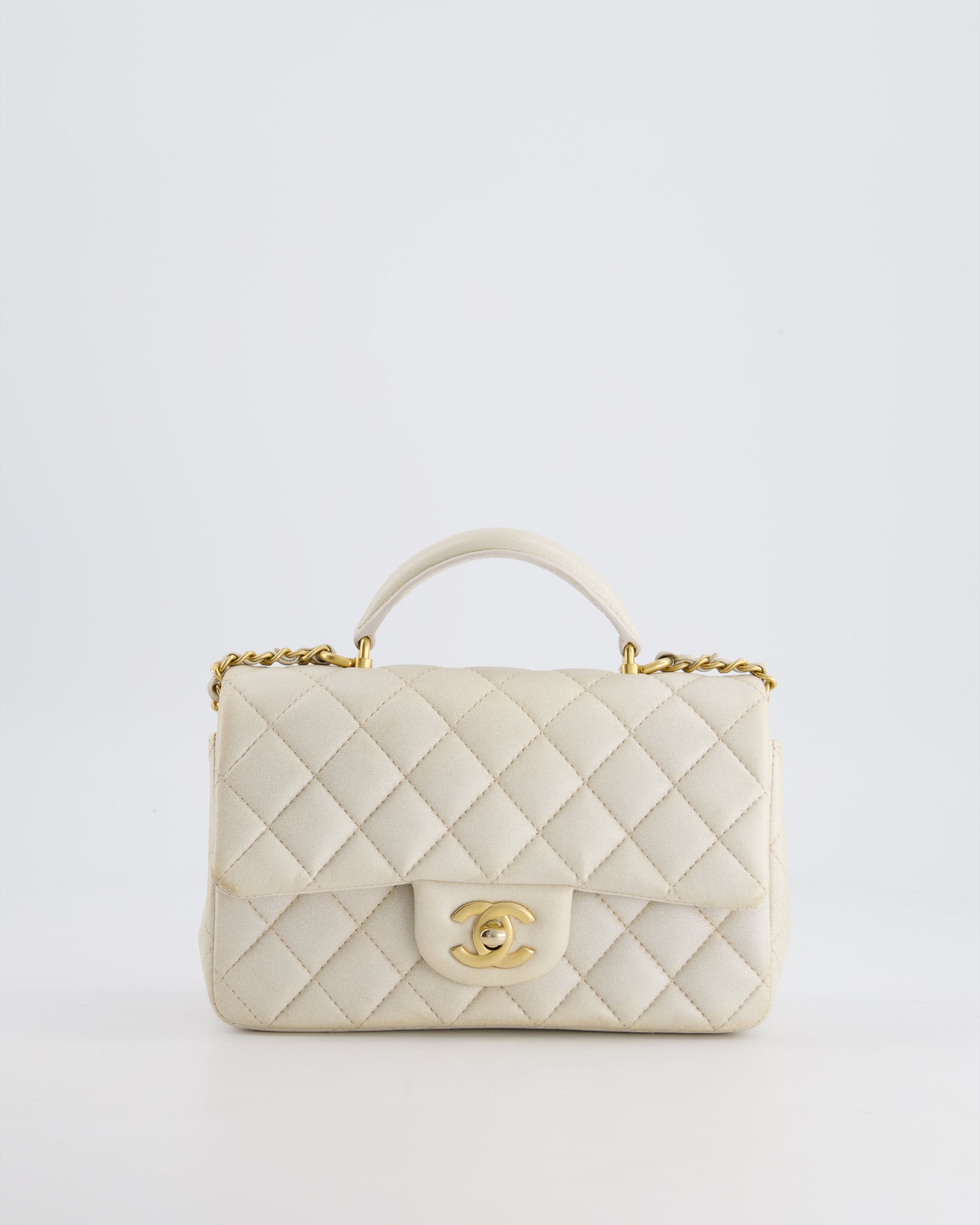Chanel Off-White Mini Rectangular Top Handle Flap Bag in Lambskin Leather with Brushed Gold Hardware