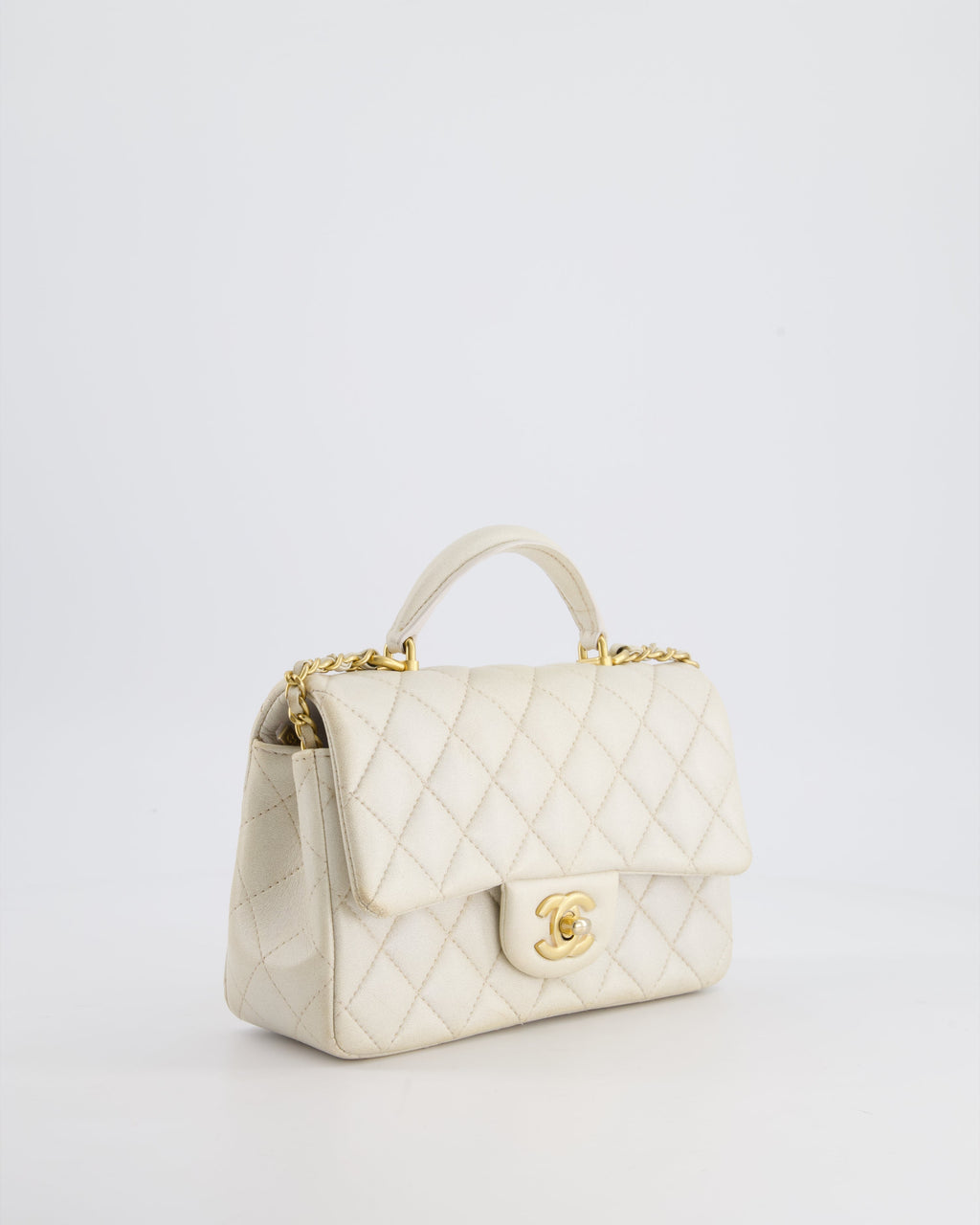 Chanel Off-White Mini Rectangular Top Handle Flap Bag in Lambskin Leather with Brushed Gold Hardware