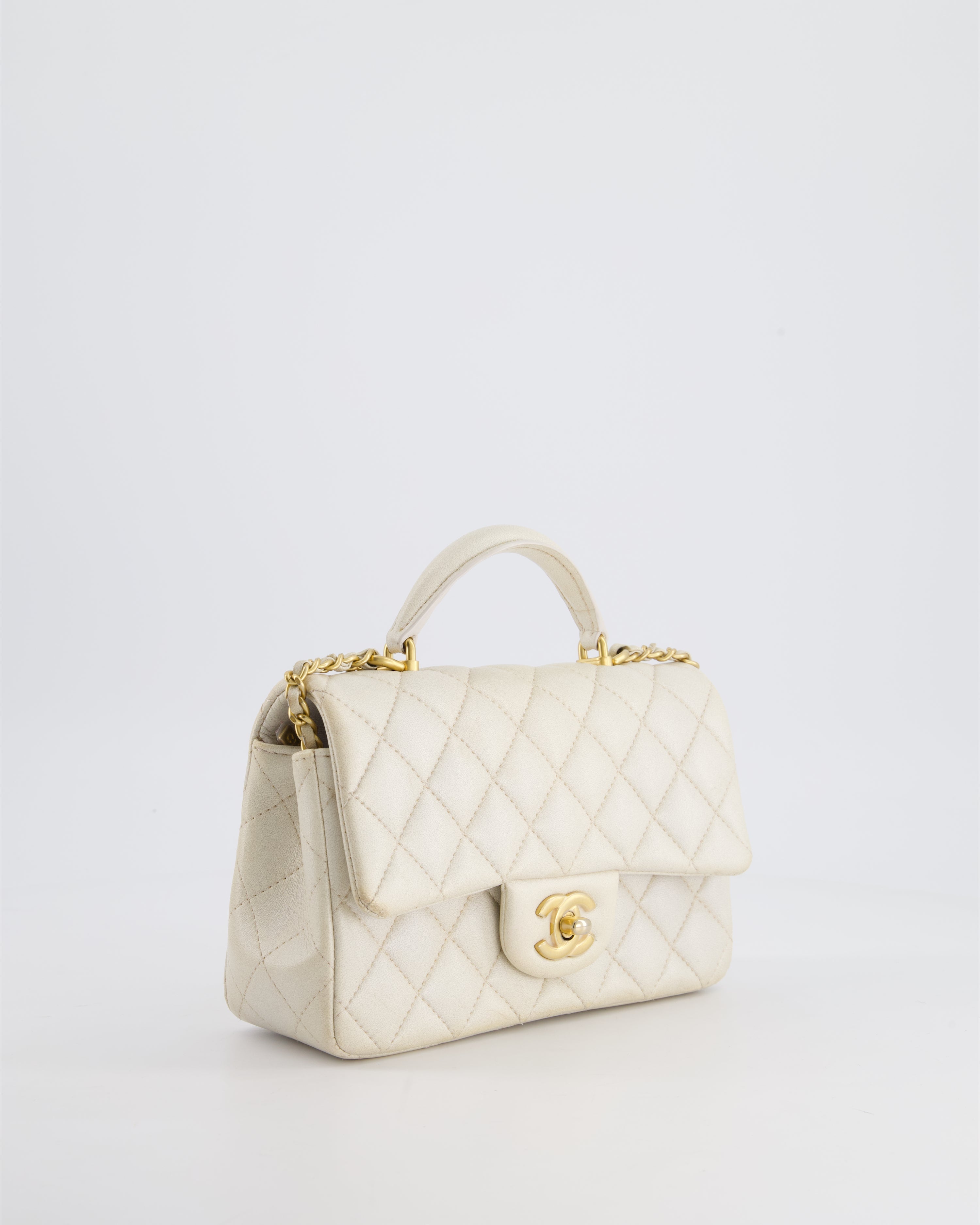 Chanel Off-White Mini Rectangular Top Handle Flap Bag in Lambskin Leather with Brushed Gold Hardware