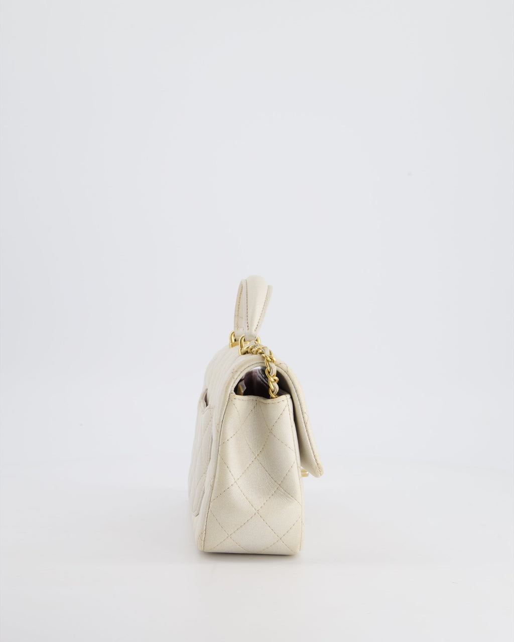 Chanel Off-White Mini Rectangular Top Handle Flap Bag in Lambskin Leather with Brushed Gold Hardware