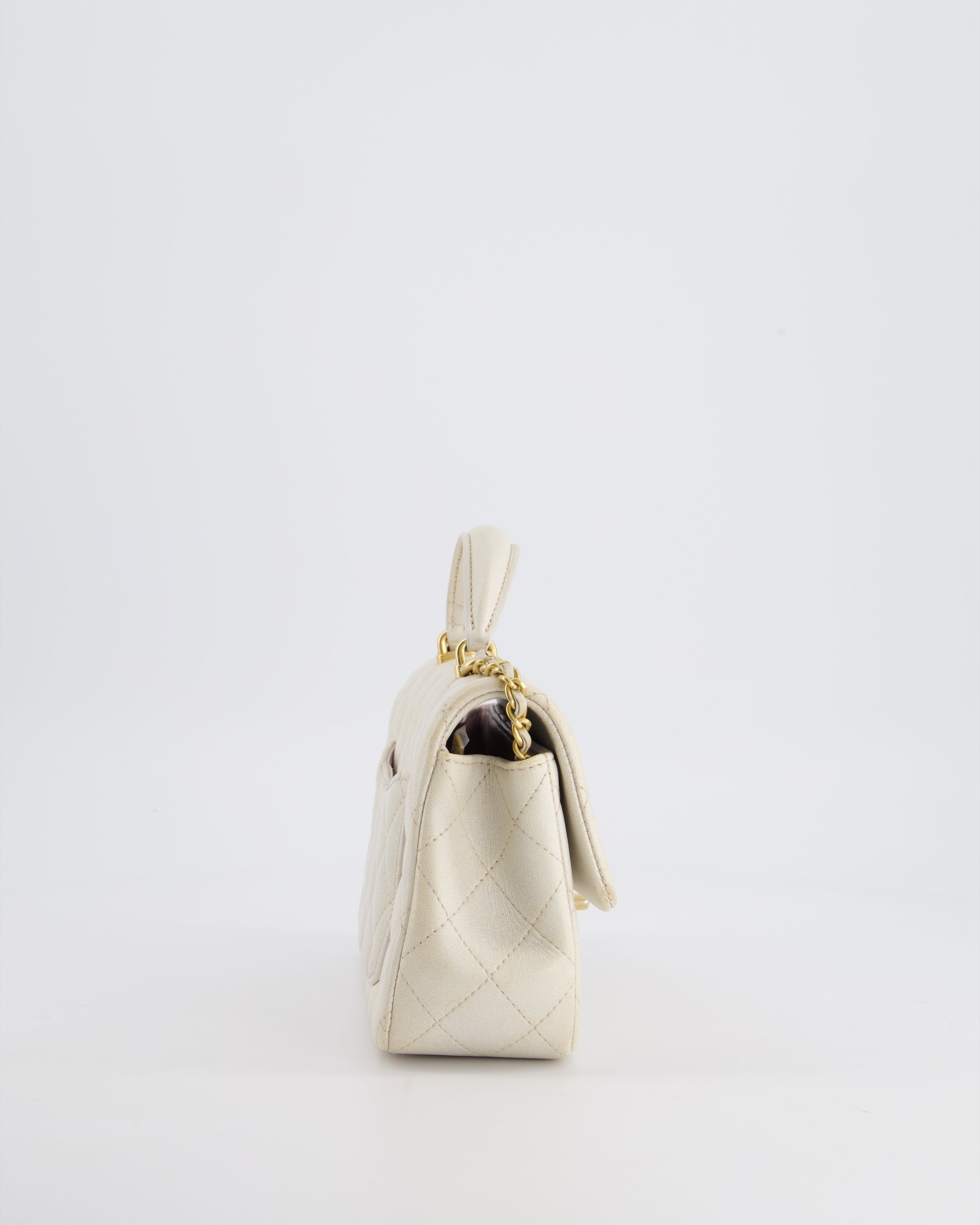 Chanel Off-White Mini Rectangular Top Handle Flap Bag in Lambskin Leather with Brushed Gold Hardware