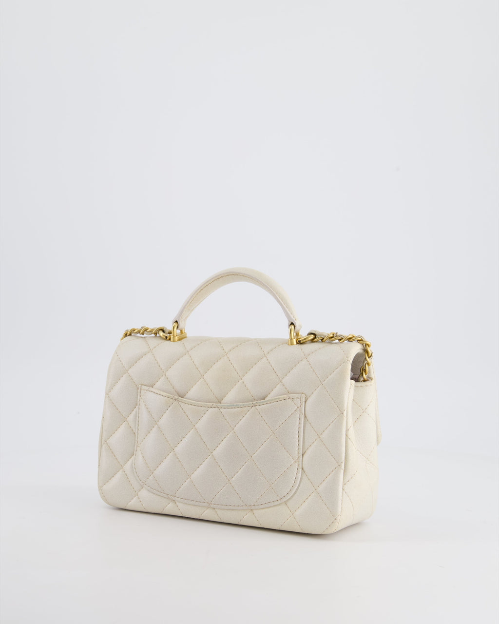 Chanel Off-White Mini Rectangular Top Handle Flap Bag in Lambskin Leather with Brushed Gold Hardware