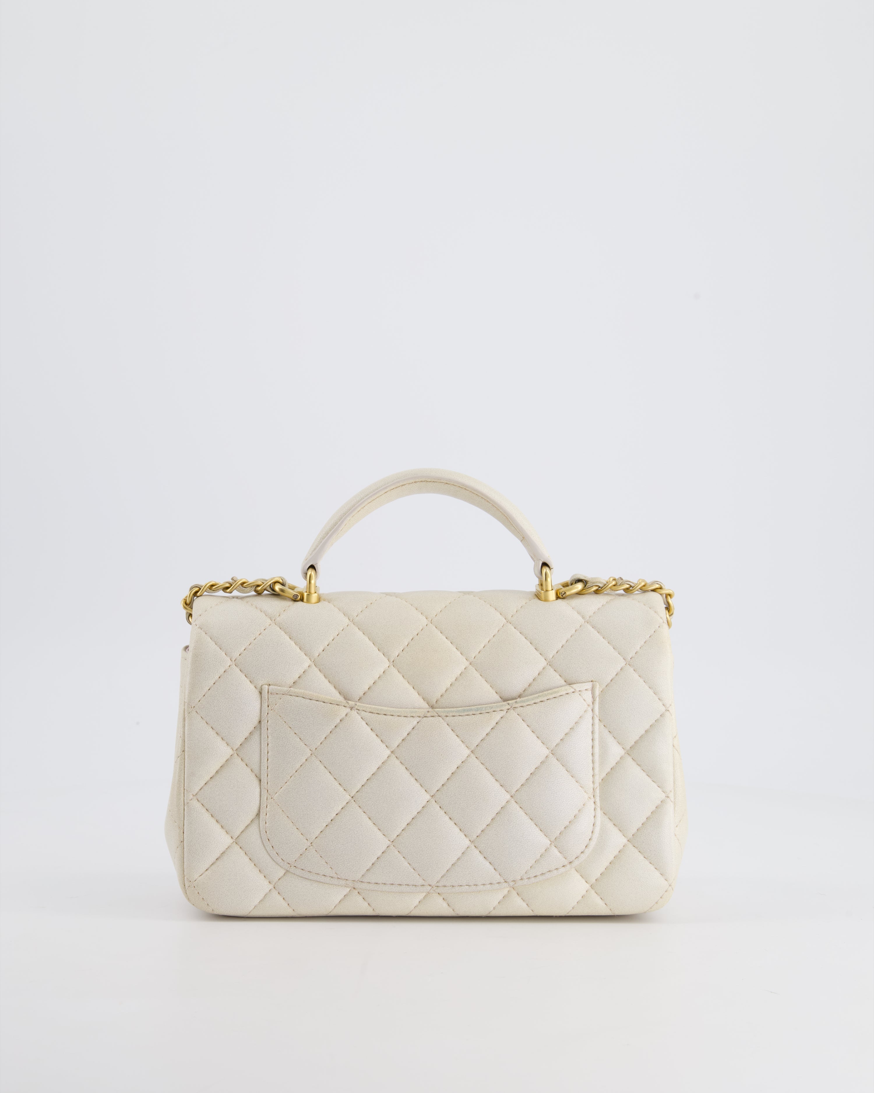 Chanel Off-White Mini Rectangular Top Handle Flap Bag in Lambskin Leather with Brushed Gold Hardware
