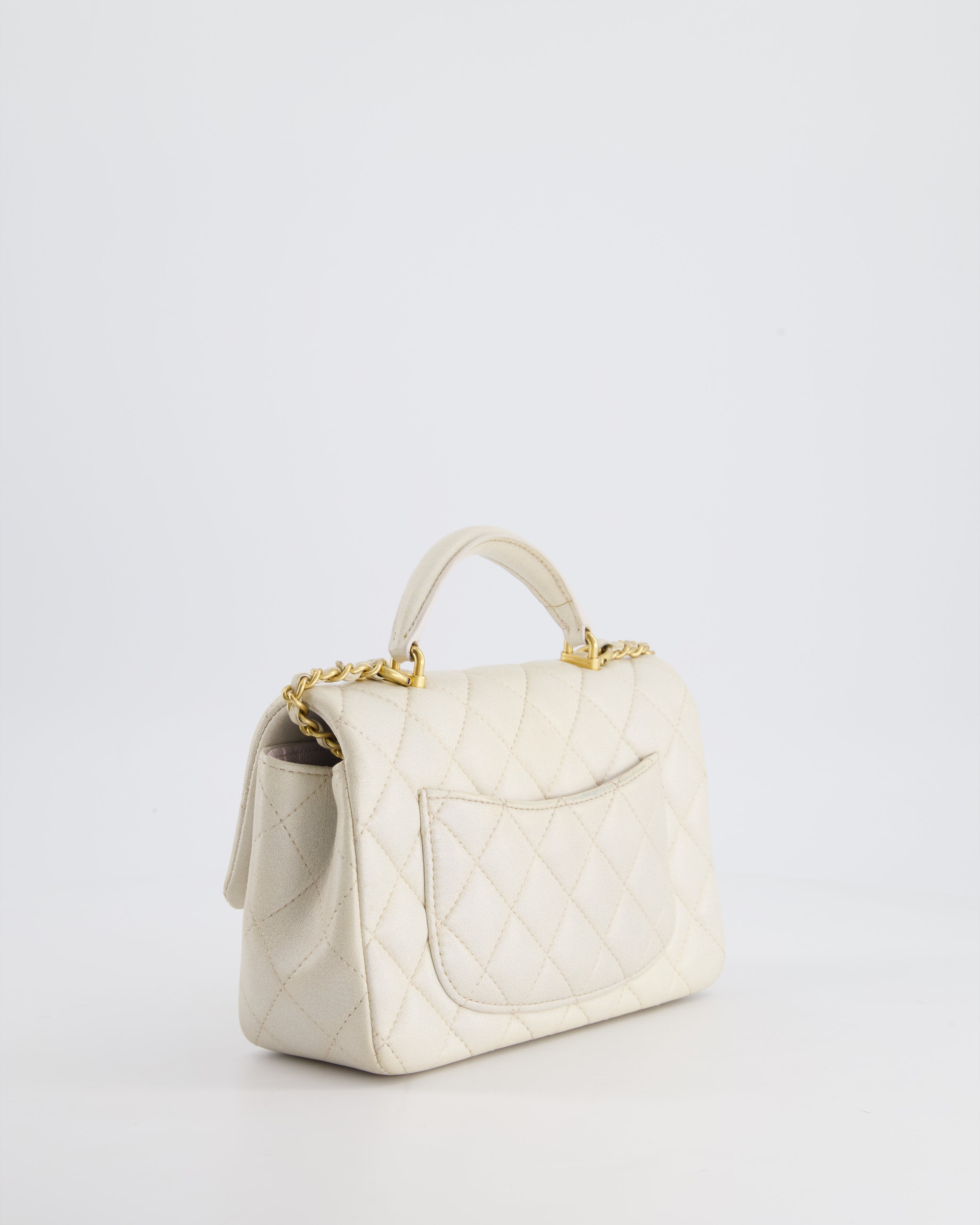 Chanel Off-White Mini Rectangular Top Handle Flap Bag in Lambskin Leather with Brushed Gold Hardware