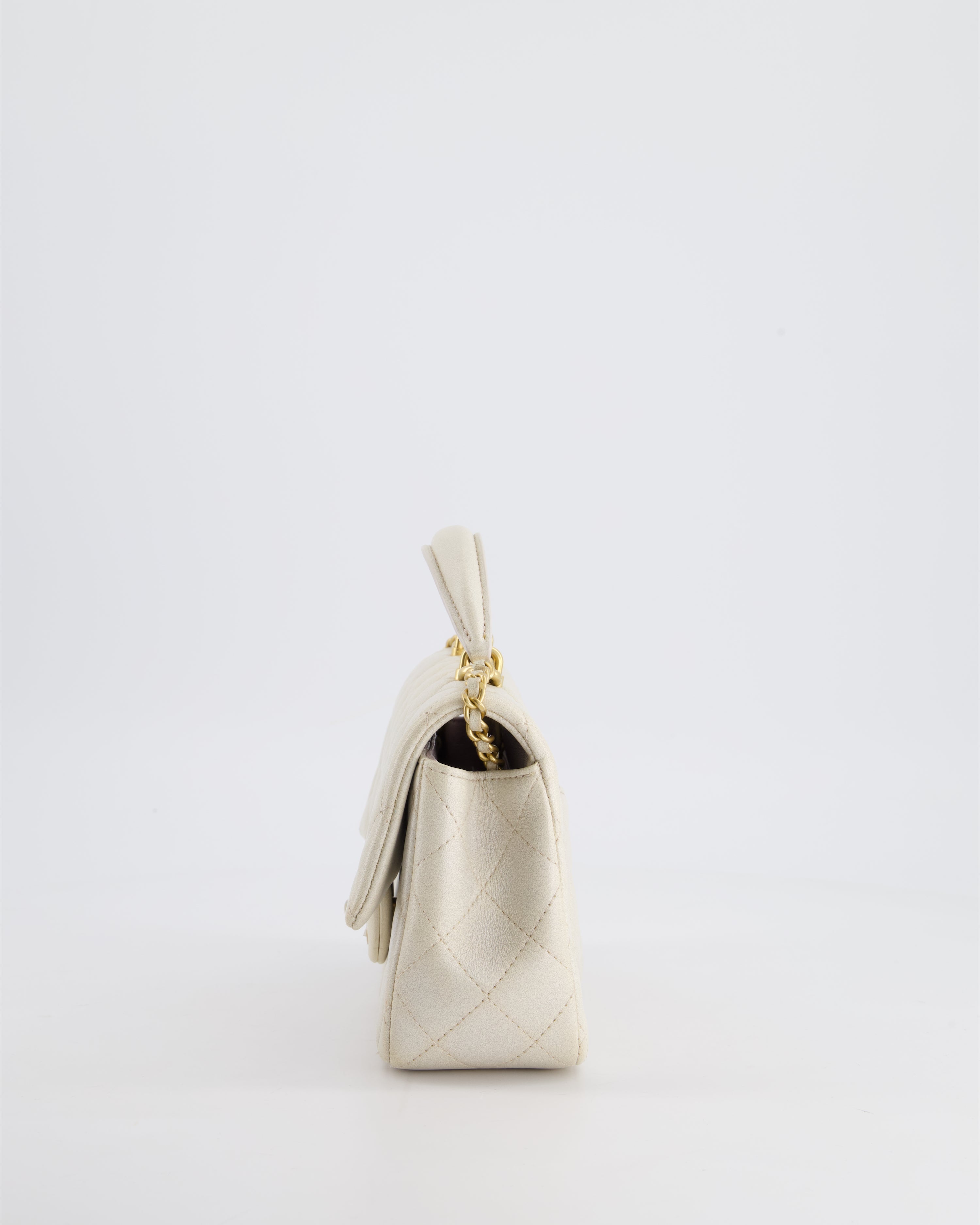 Chanel Off-White Mini Rectangular Top Handle Flap Bag in Lambskin Leather with Brushed Gold Hardware