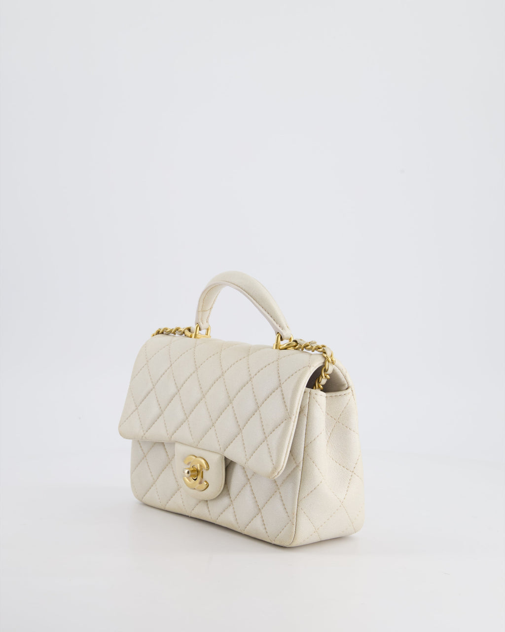 Chanel Off-White Mini Rectangular Top Handle Flap Bag in Lambskin Leather with Brushed Gold Hardware