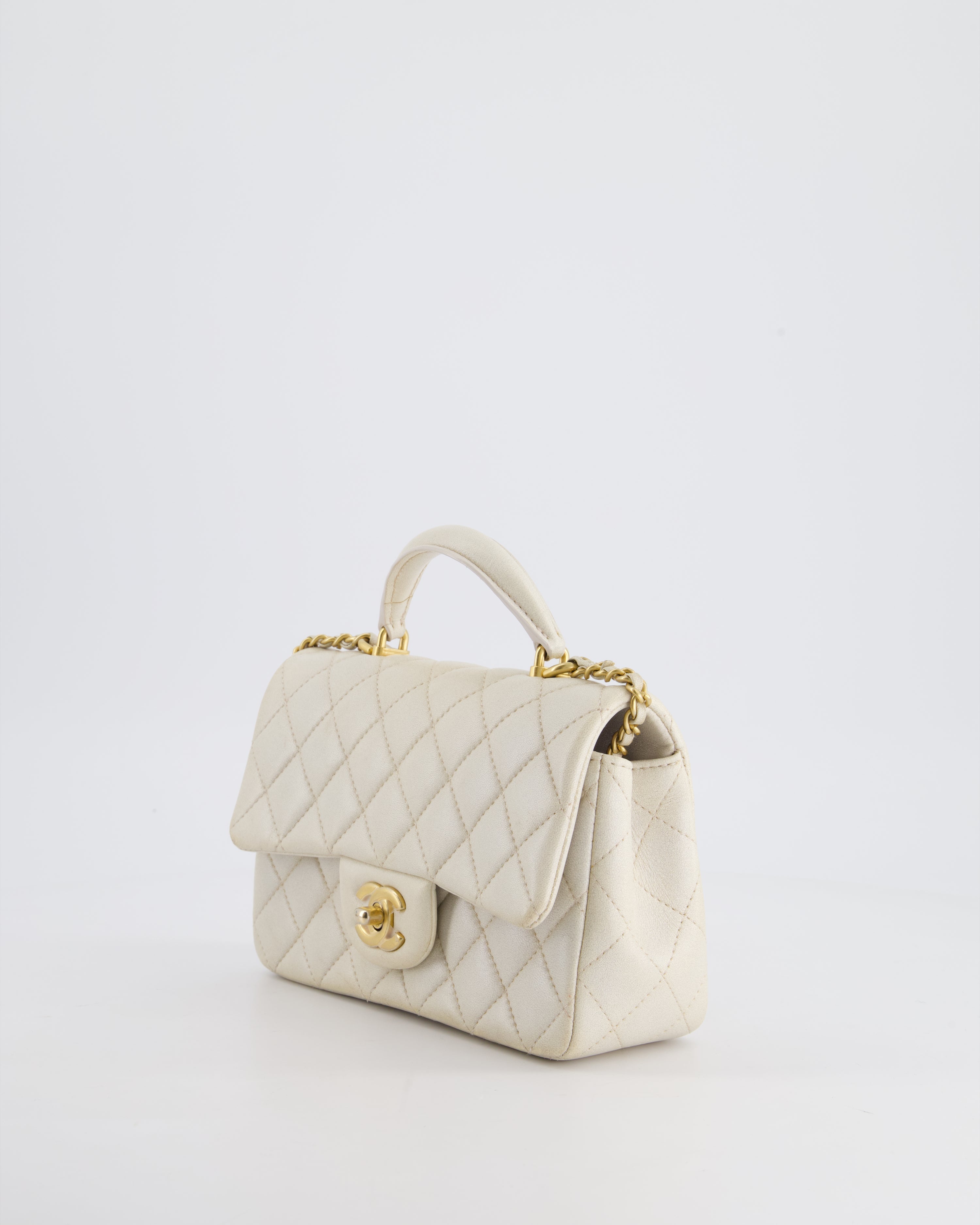 Chanel Off-White Mini Rectangular Top Handle Flap Bag in Lambskin Leather with Brushed Gold Hardware