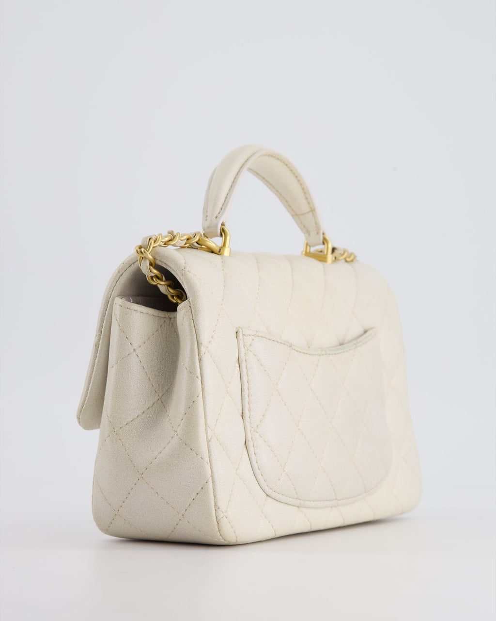 Chanel Off-White Mini Rectangular Top Handle Flap Bag in Lambskin Leather with Brushed Gold Hardware