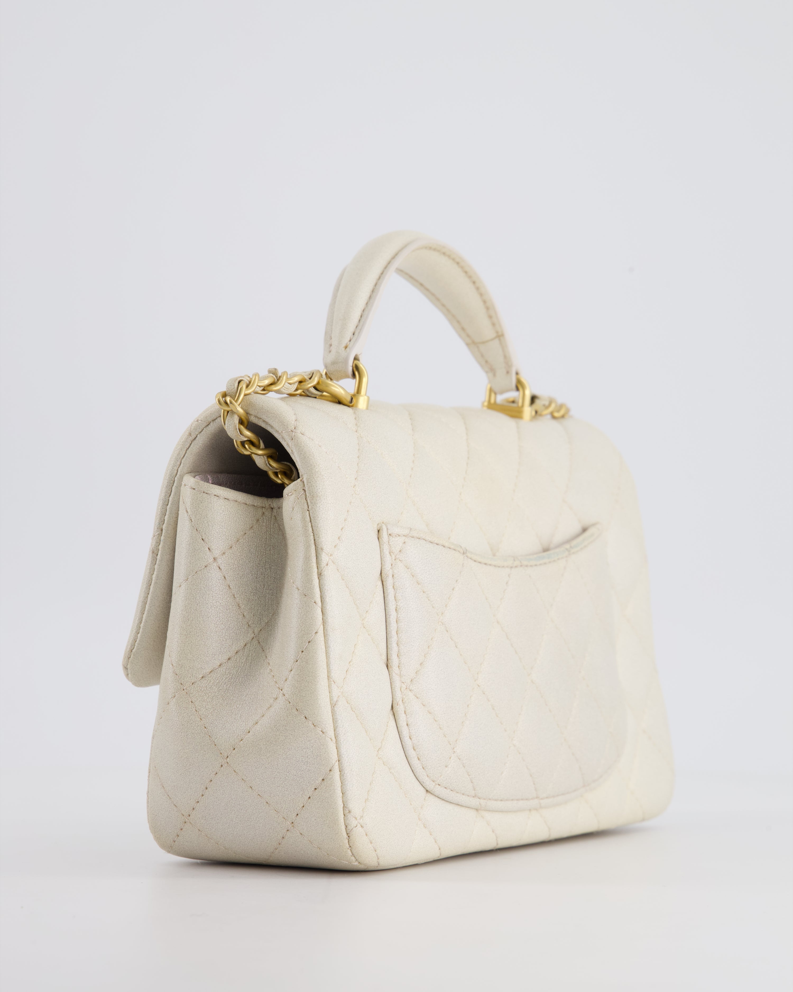 Chanel Off-White Mini Rectangular Top Handle Flap Bag in Lambskin Leather with Brushed Gold Hardware