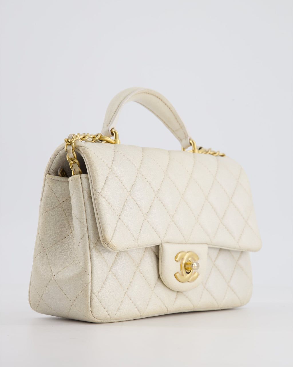 Chanel Off-White Mini Rectangular Top Handle Flap Bag in Lambskin Leather with Brushed Gold Hardware