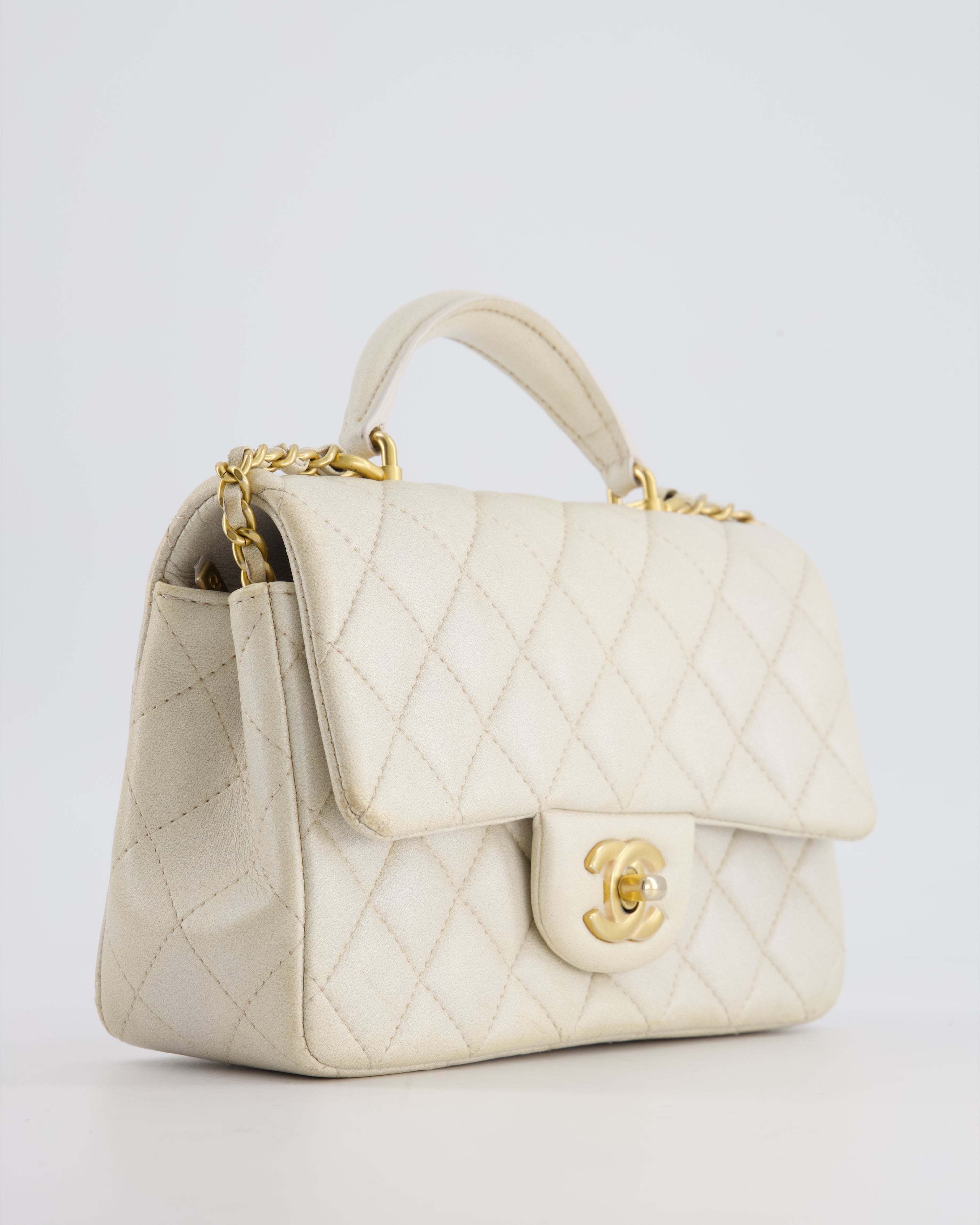 Chanel Off-White Mini Rectangular Top Handle Flap Bag in Lambskin Leather with Brushed Gold Hardware