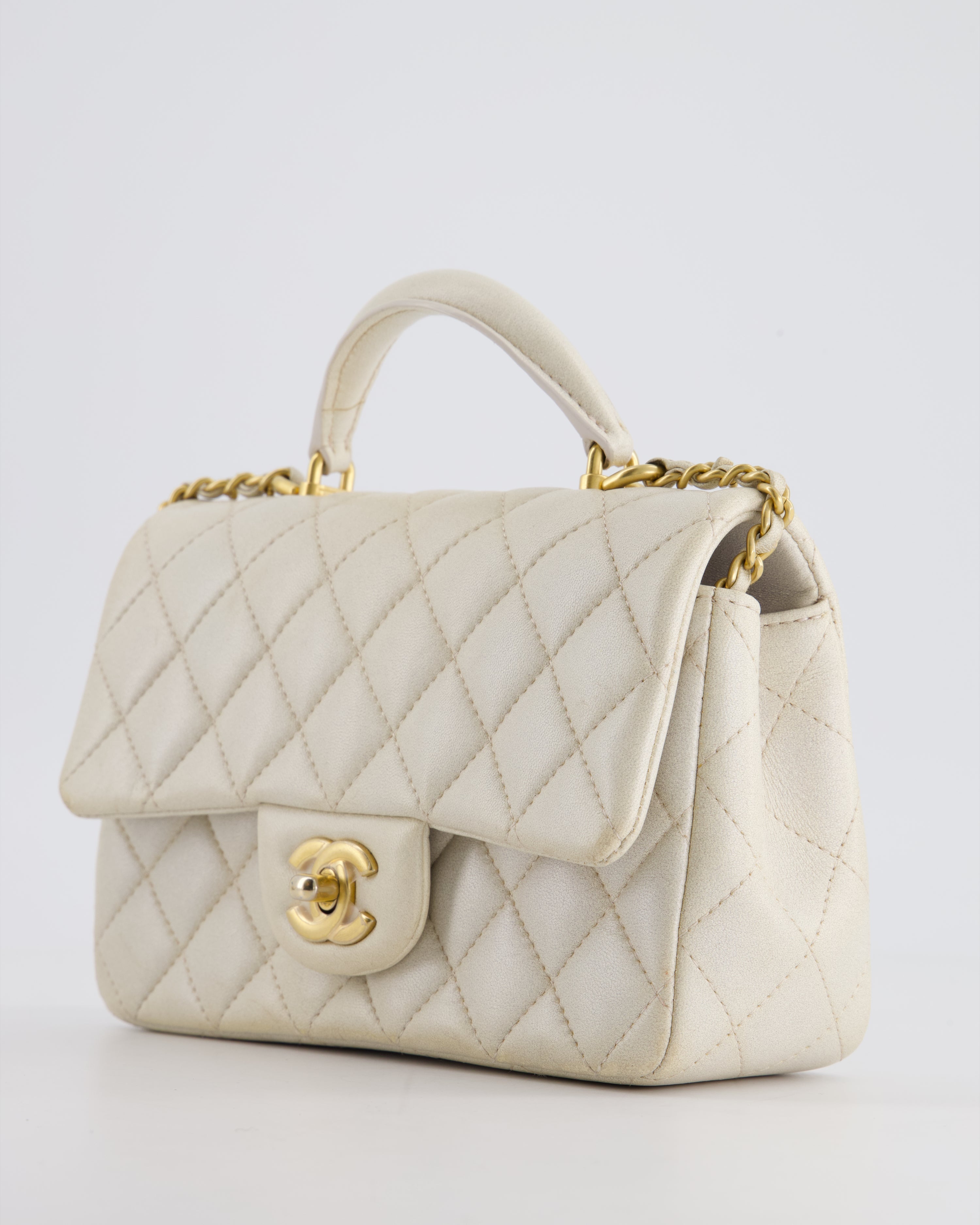 Chanel Off-White Mini Rectangular Top Handle Flap Bag in Lambskin Leather with Brushed Gold Hardware