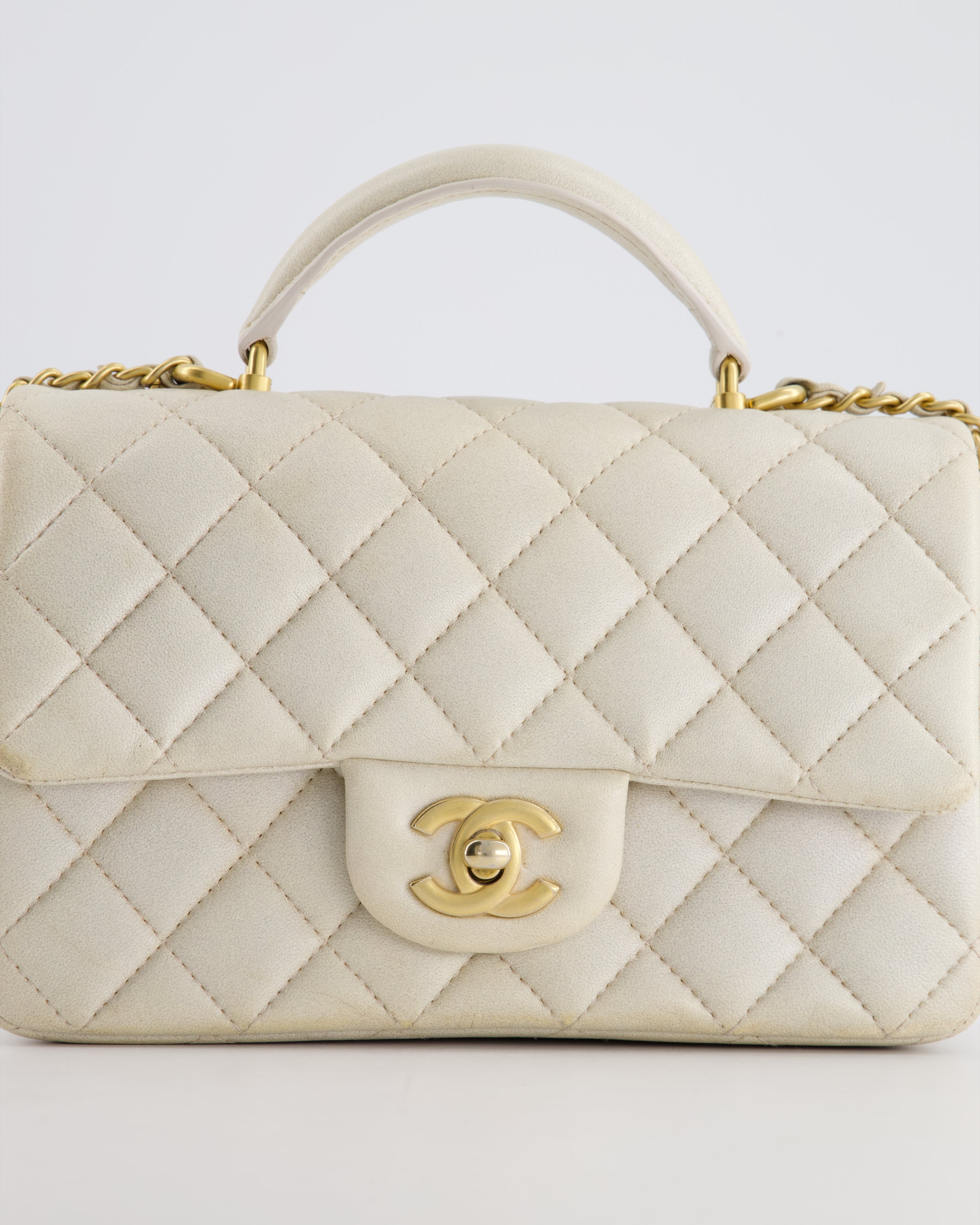 Chanel Off-White Mini Rectangular Top Handle Flap Bag in Lambskin Leather with Brushed Gold Hardware