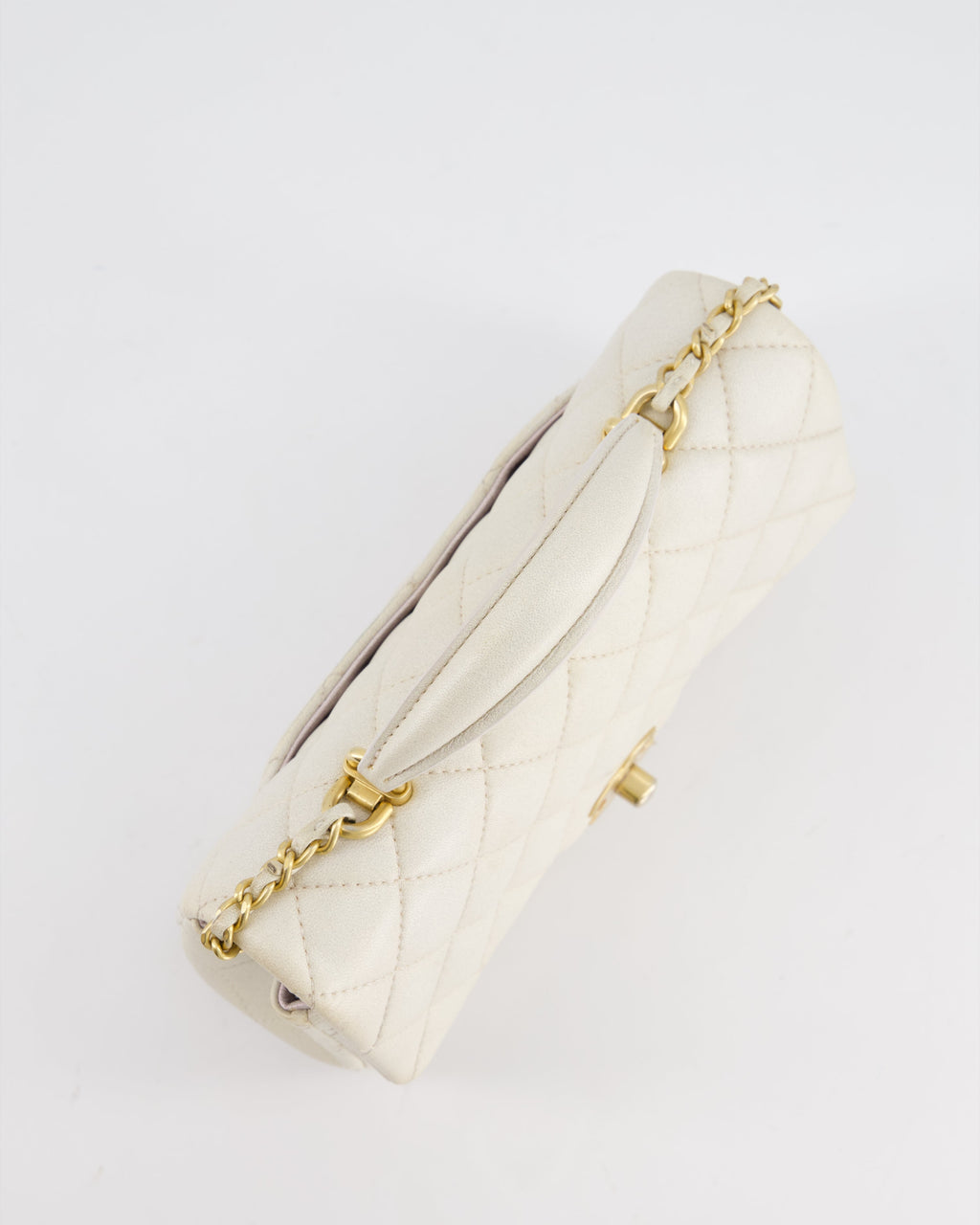 Chanel Off-White Mini Rectangular Top Handle Flap Bag in Lambskin Leather with Brushed Gold Hardware