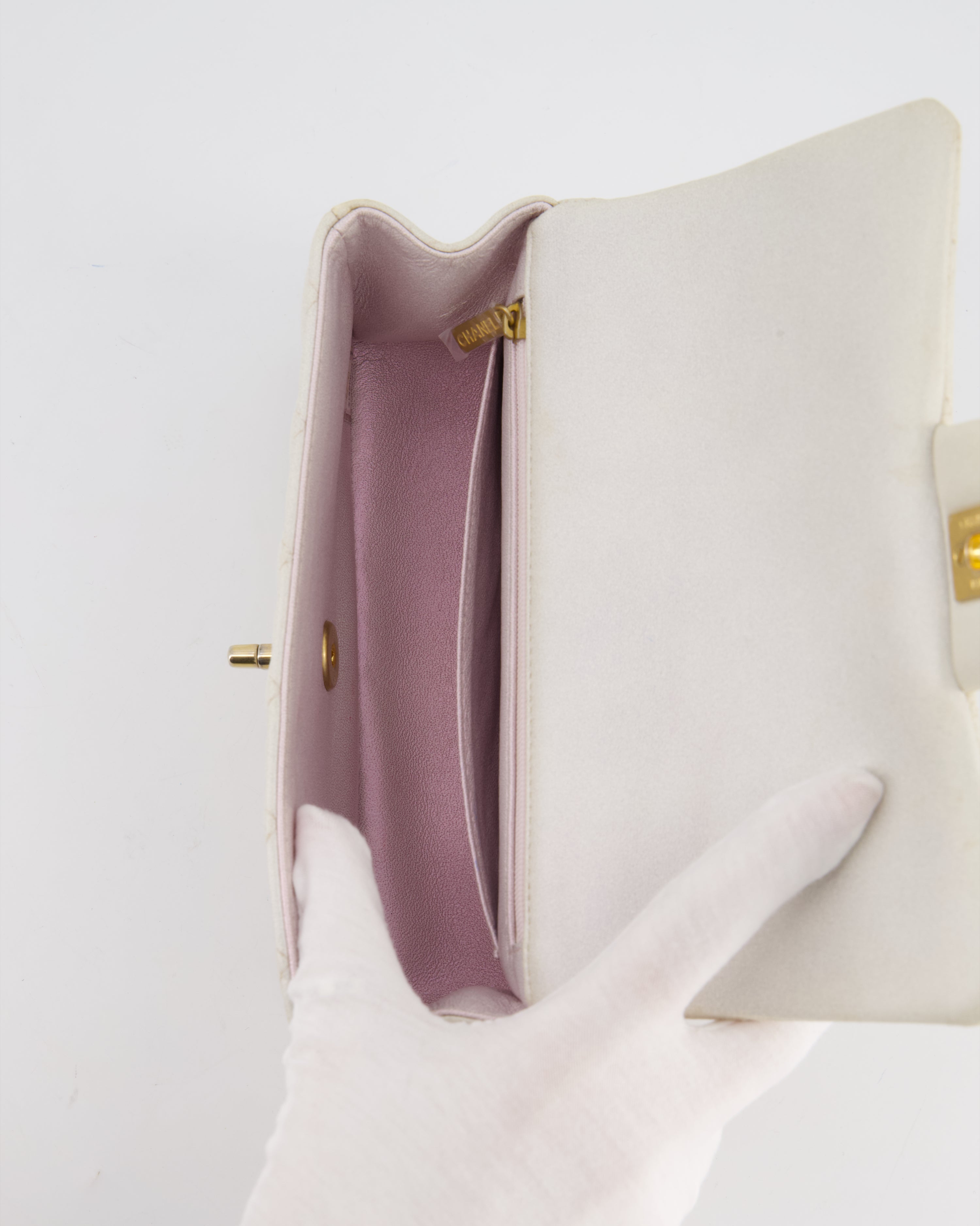 Chanel Off-White Mini Rectangular Top Handle Flap Bag in Lambskin Leather with Brushed Gold Hardware