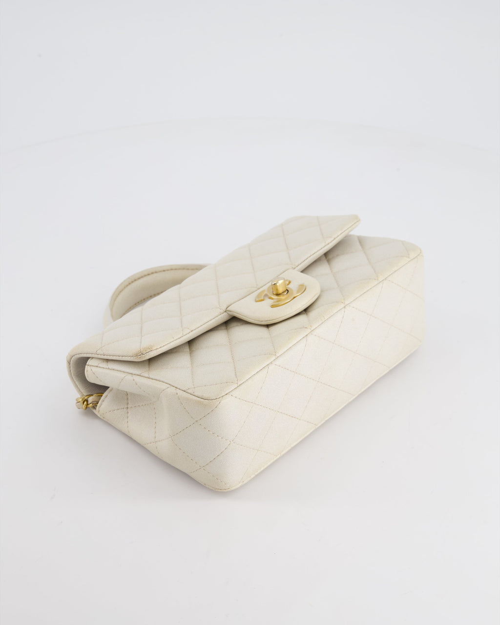 Chanel Off-White Mini Rectangular Top Handle Flap Bag in Lambskin Leather with Brushed Gold Hardware