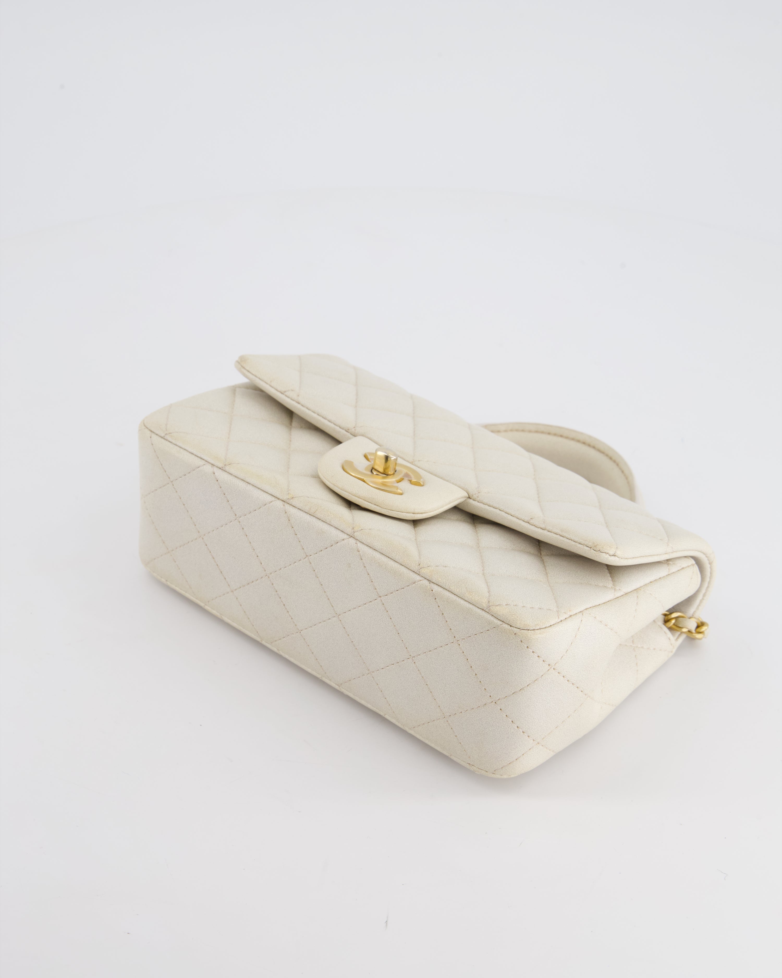 Chanel Off-White Mini Rectangular Top Handle Flap Bag in Lambskin Leather with Brushed Gold Hardware