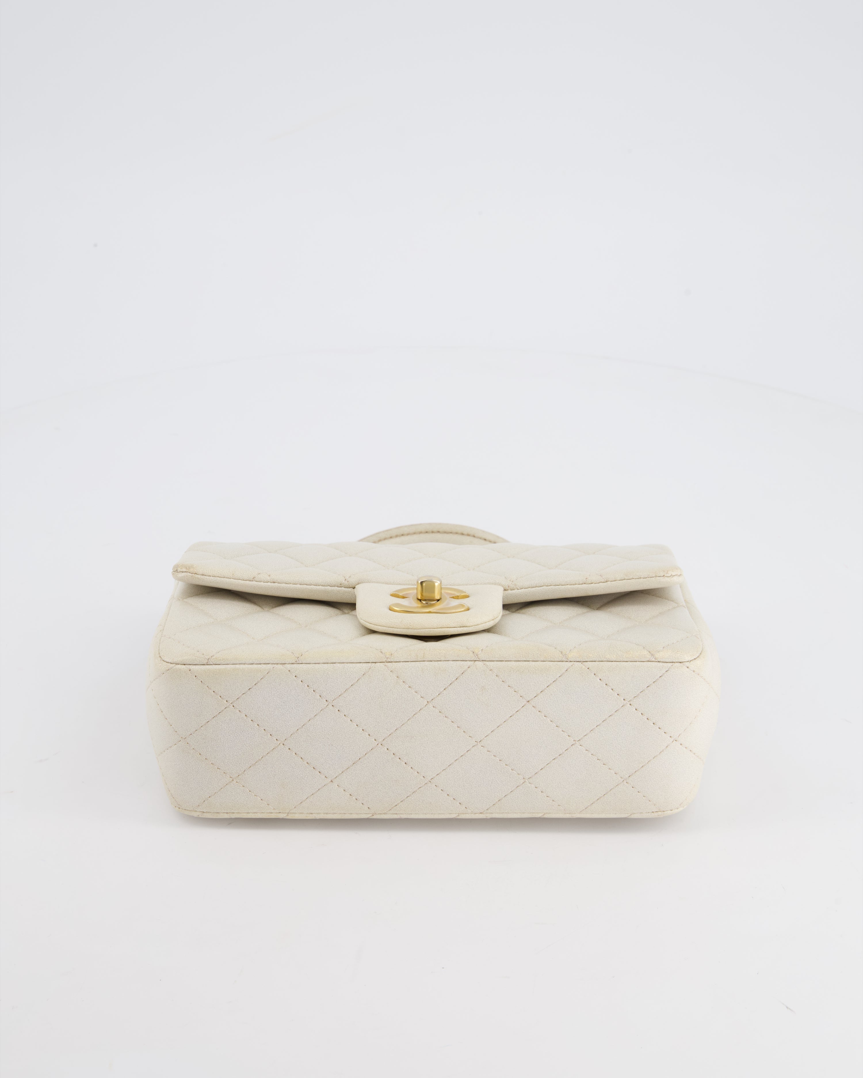 Chanel Off-White Mini Rectangular Top Handle Flap Bag in Lambskin Leather with Brushed Gold Hardware