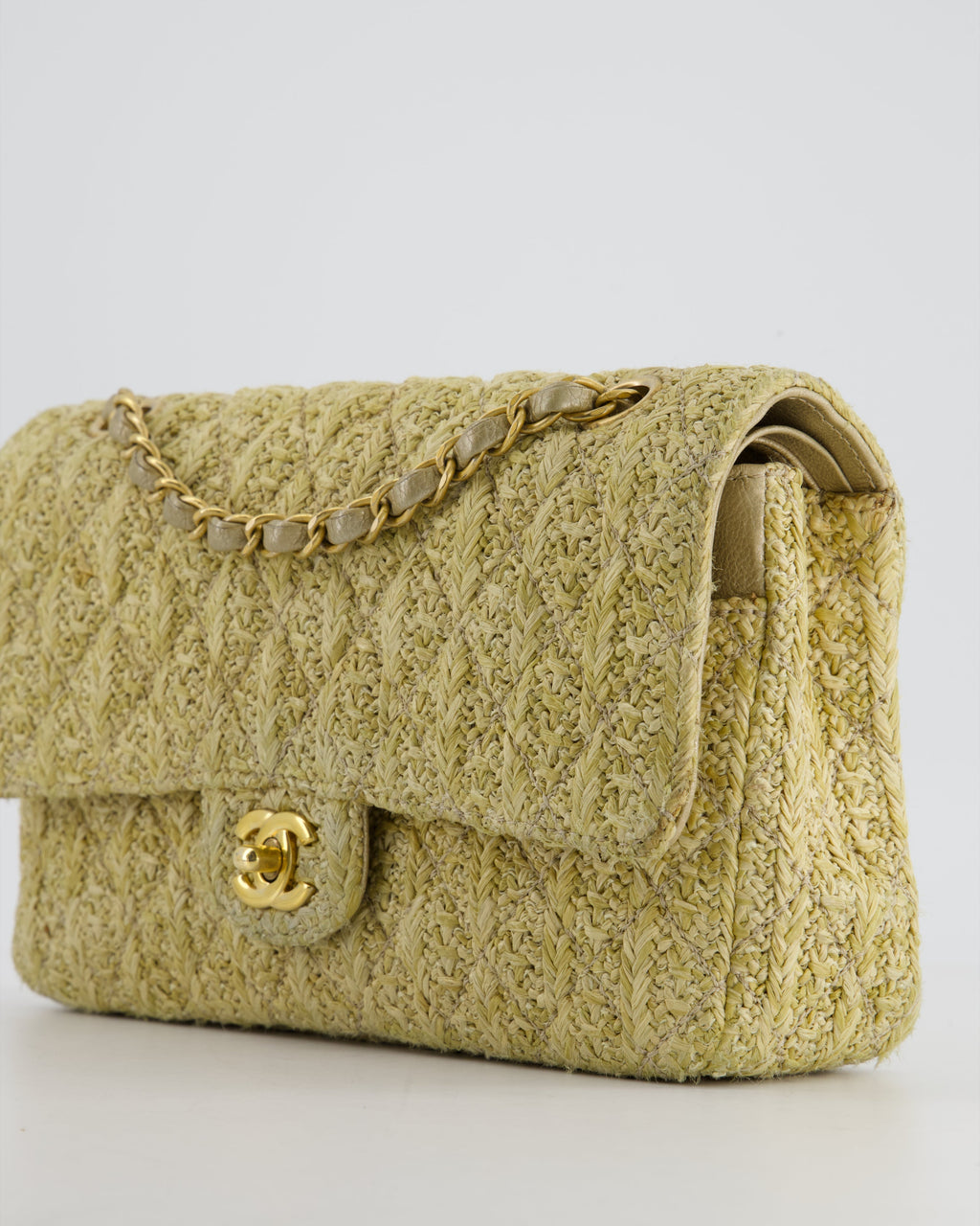 Chanel Beige Raffia Medium Classic Double Flap Bag with Brushed Gold Hardware and Gold Leather Interior