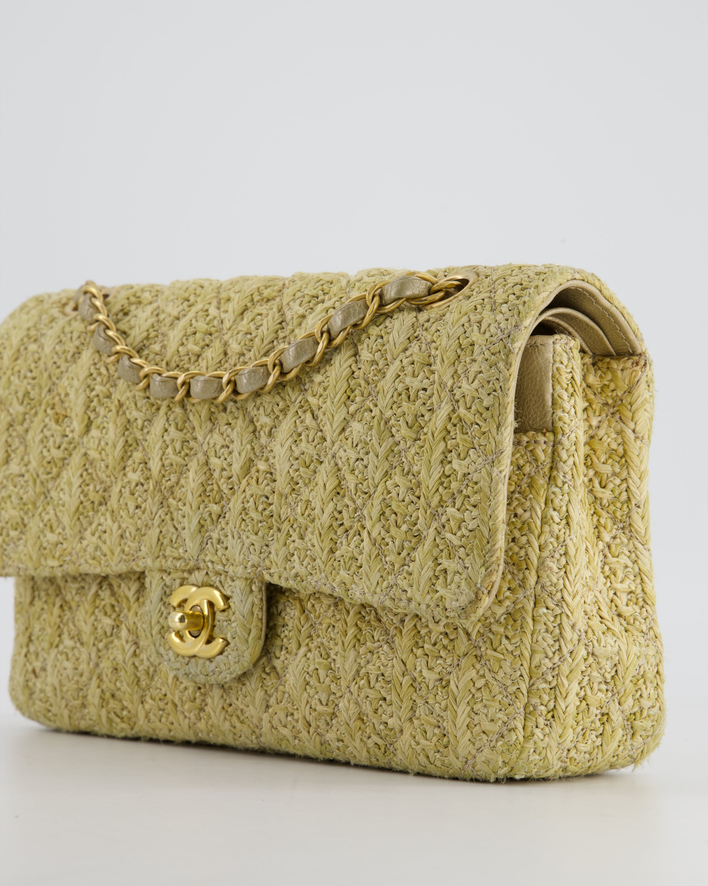 Chanel Beige Raffia Medium Classic Double Flap Bag with Brushed Gold Hardware and Gold Leather Interior