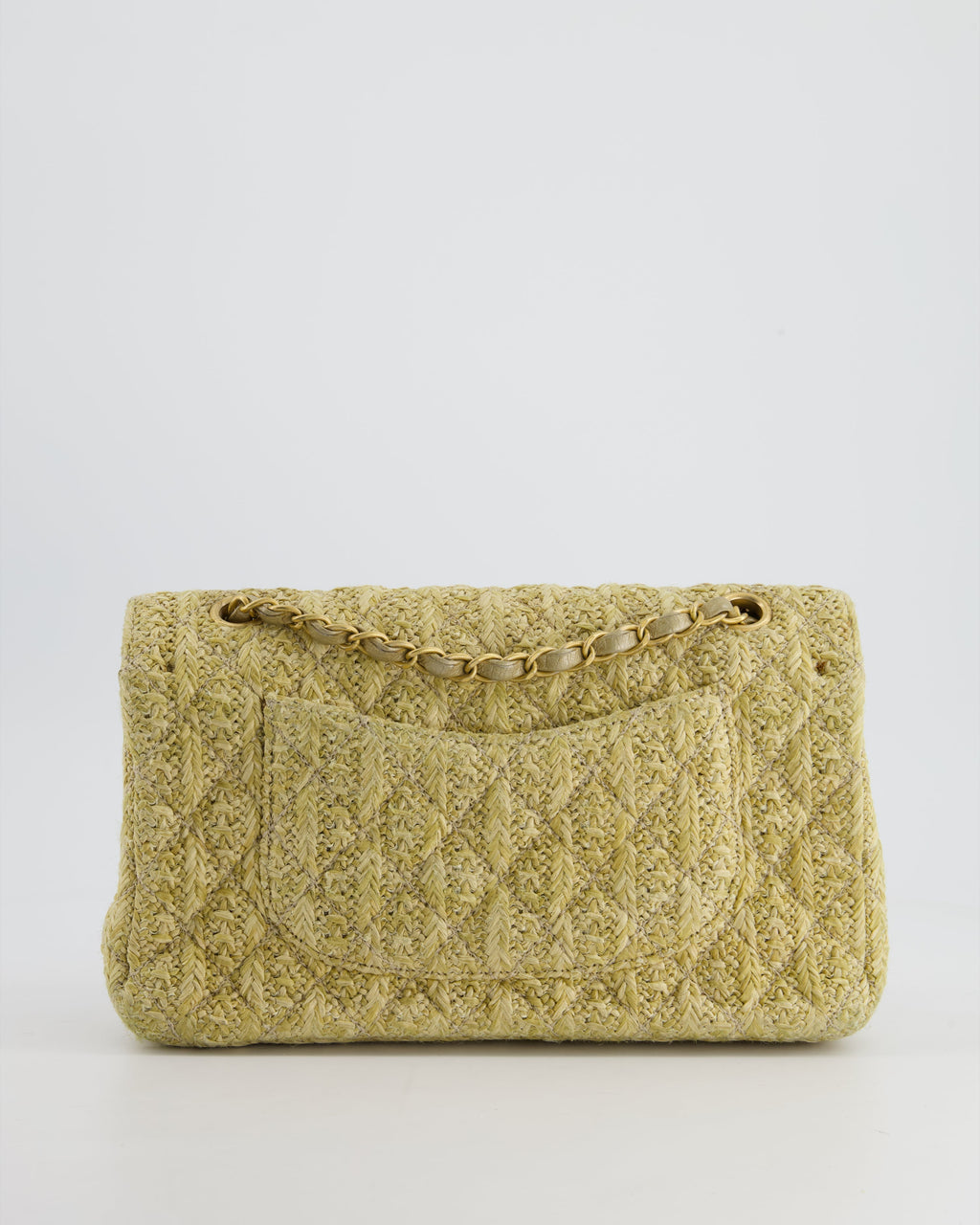 Chanel Beige Raffia Medium Classic Double Flap Bag with Brushed Gold Hardware and Gold Leather Interior