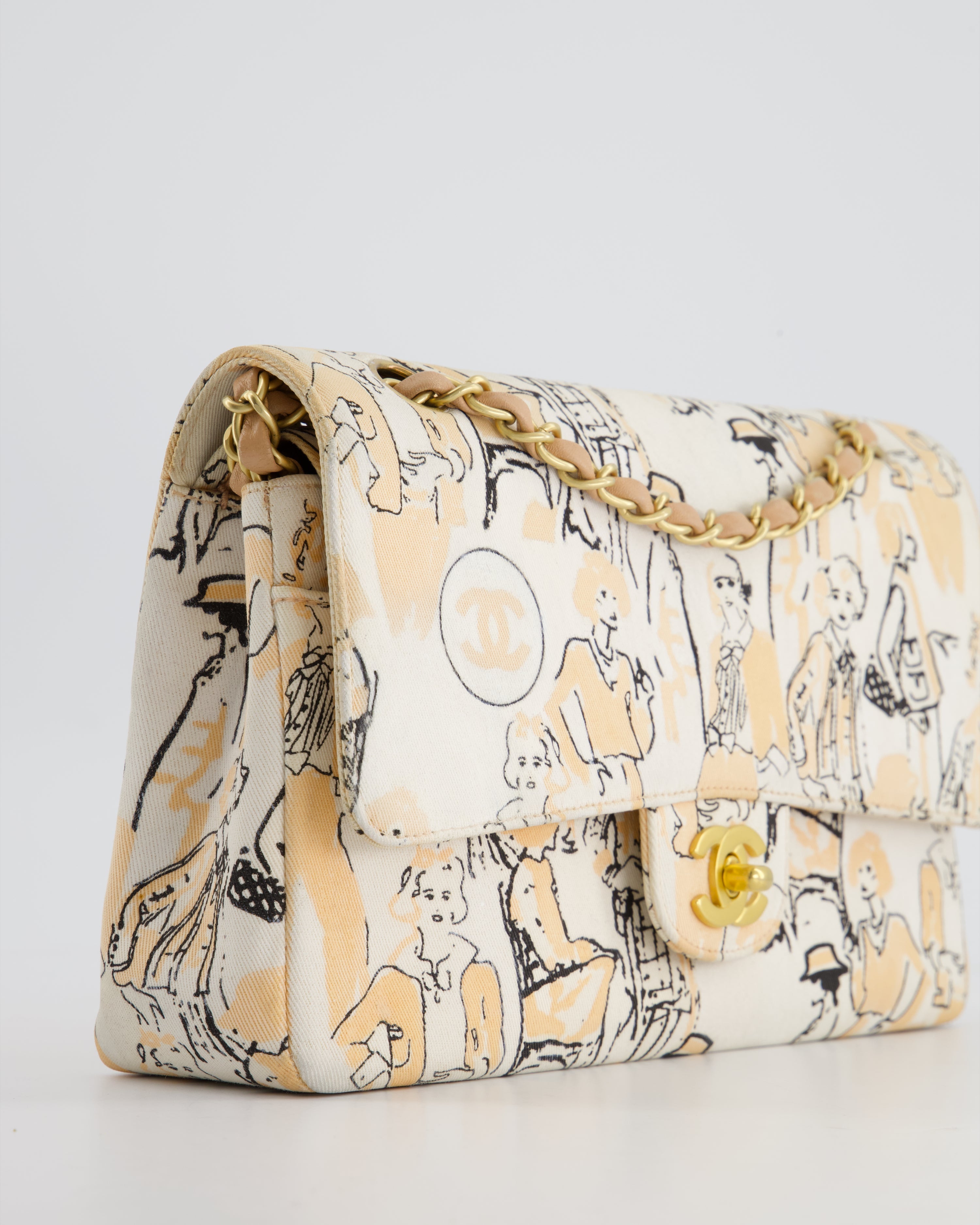 Chanel Peach and White Vintage Coco Print Classic Medium Double Flap Bag in Fabric with Brushed Gold Hardware
