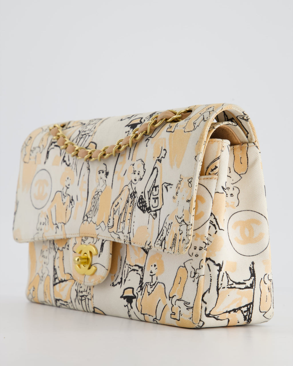 Chanel Peach and White Vintage Coco Print Classic Medium Double Flap Bag in Fabric with Brushed Gold Hardware
