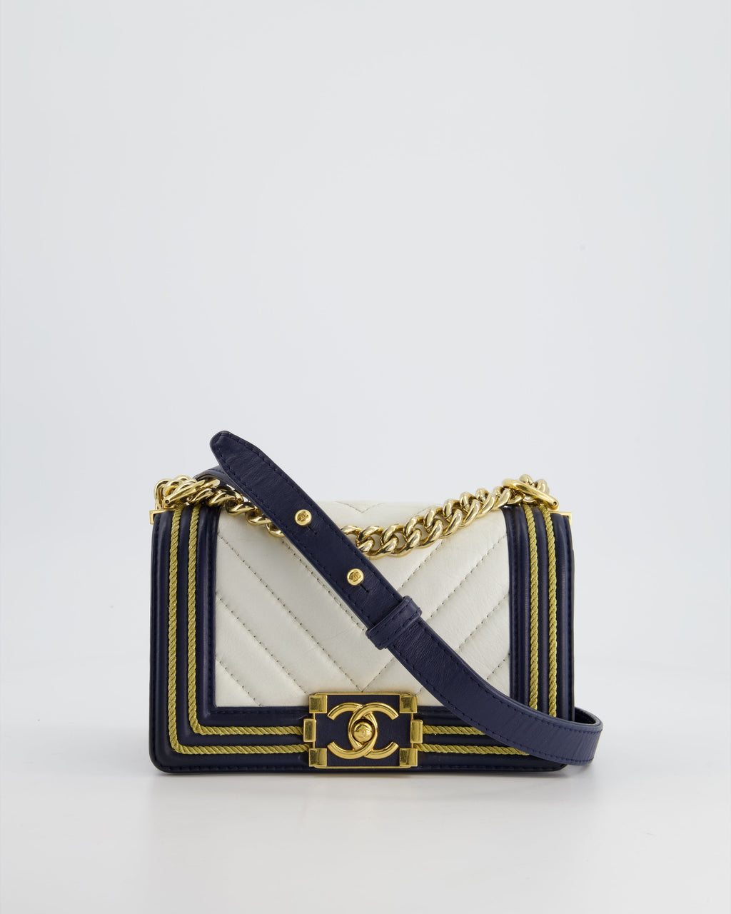 Chanel Navy and White 19C Small Boy Bag in Chevron Lambskin Leather and Gold Hardware with Gold Rope Trim Detailing